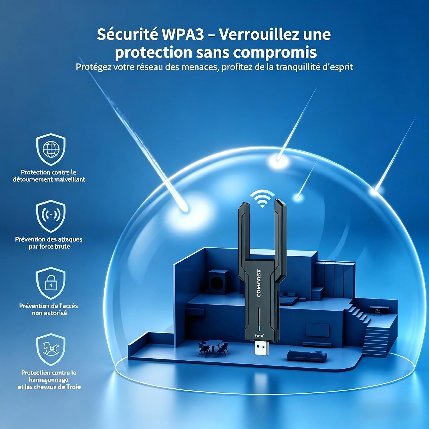 Detalle de Clé WiFi 6E COMFAST Tri-Bande AX5400 Mbps USB 3.0 — Compatibilité Windows 10/11