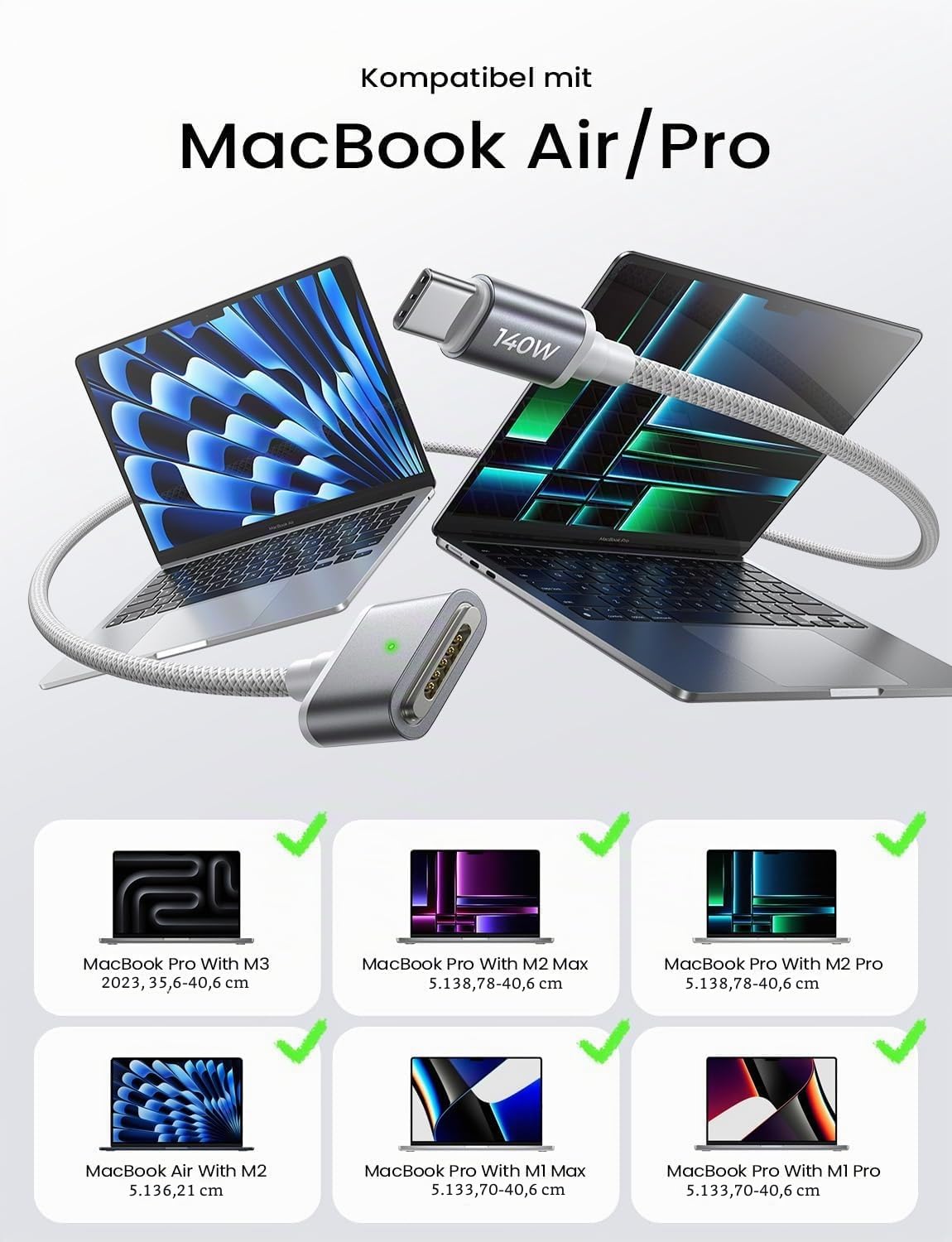 Thumbnail 6 de LISEN USB-C auf MagSafe 3 Kabel 2 m, 140W PD – Magnetisches Ladekabel für MacBook Pro/Air (M2/M3/M4/M5, 2022–2023) silbergrau