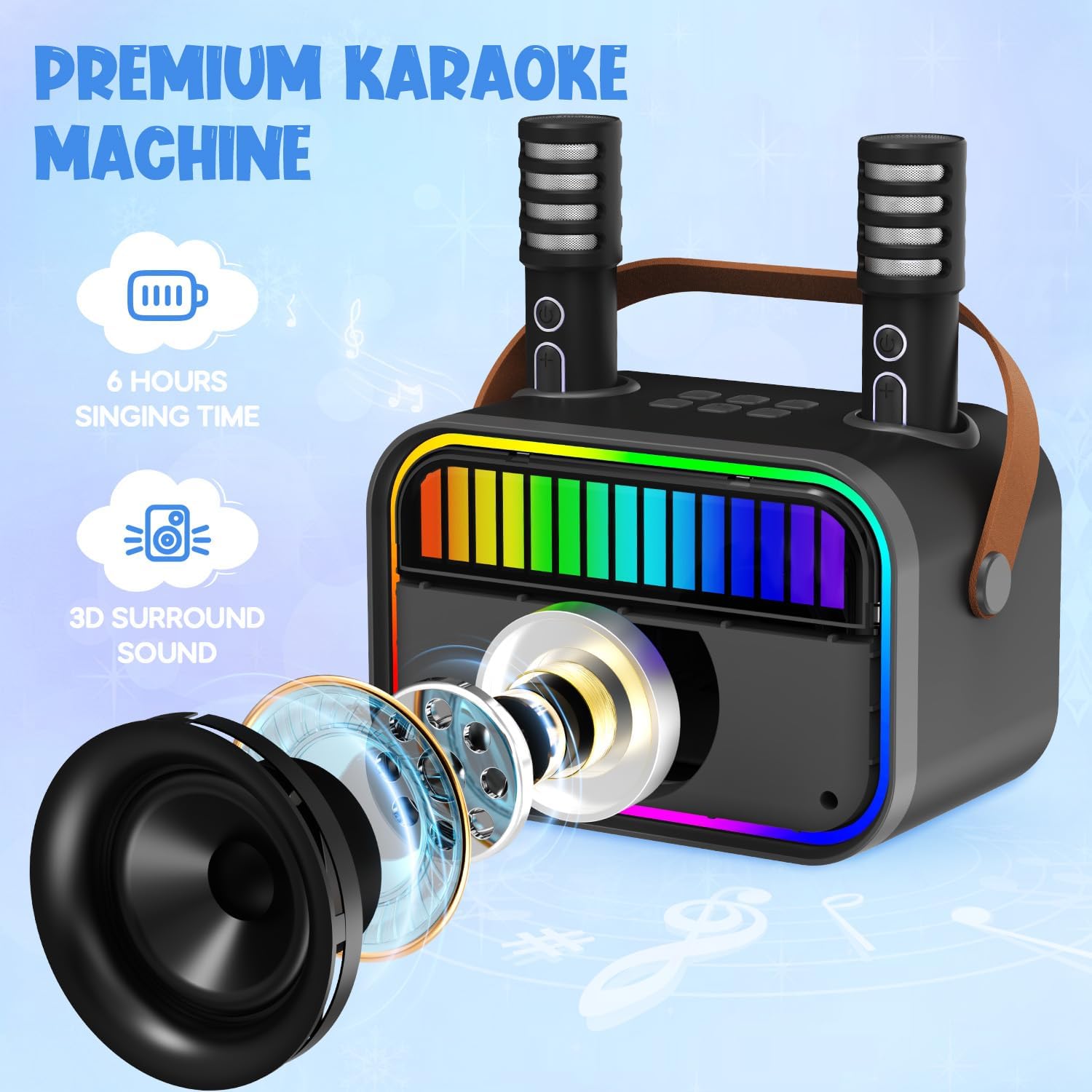 Thumbnail 1 de Karaoke Machine for Kids & Adults (Black) with Portable Bluetooth Speaker and 2 Wireless Microphones