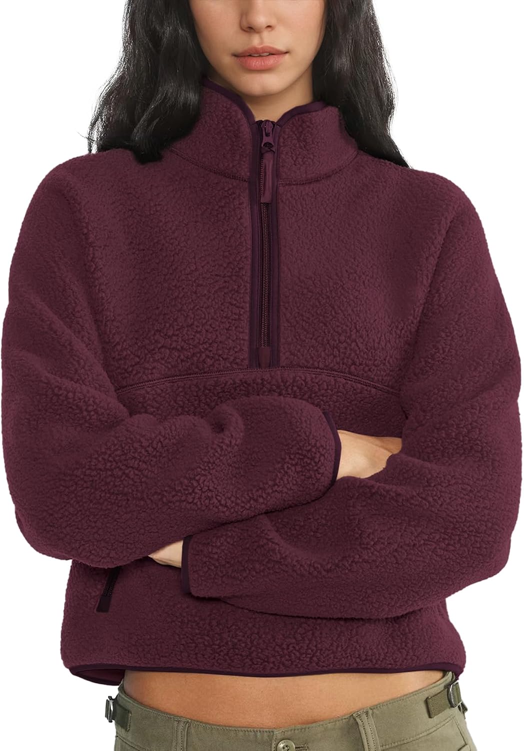 Detalle de Keeliya Women’s Quarter-Zip Sherpa Fleece Pullover with Funnel Neck and Zip Pockets