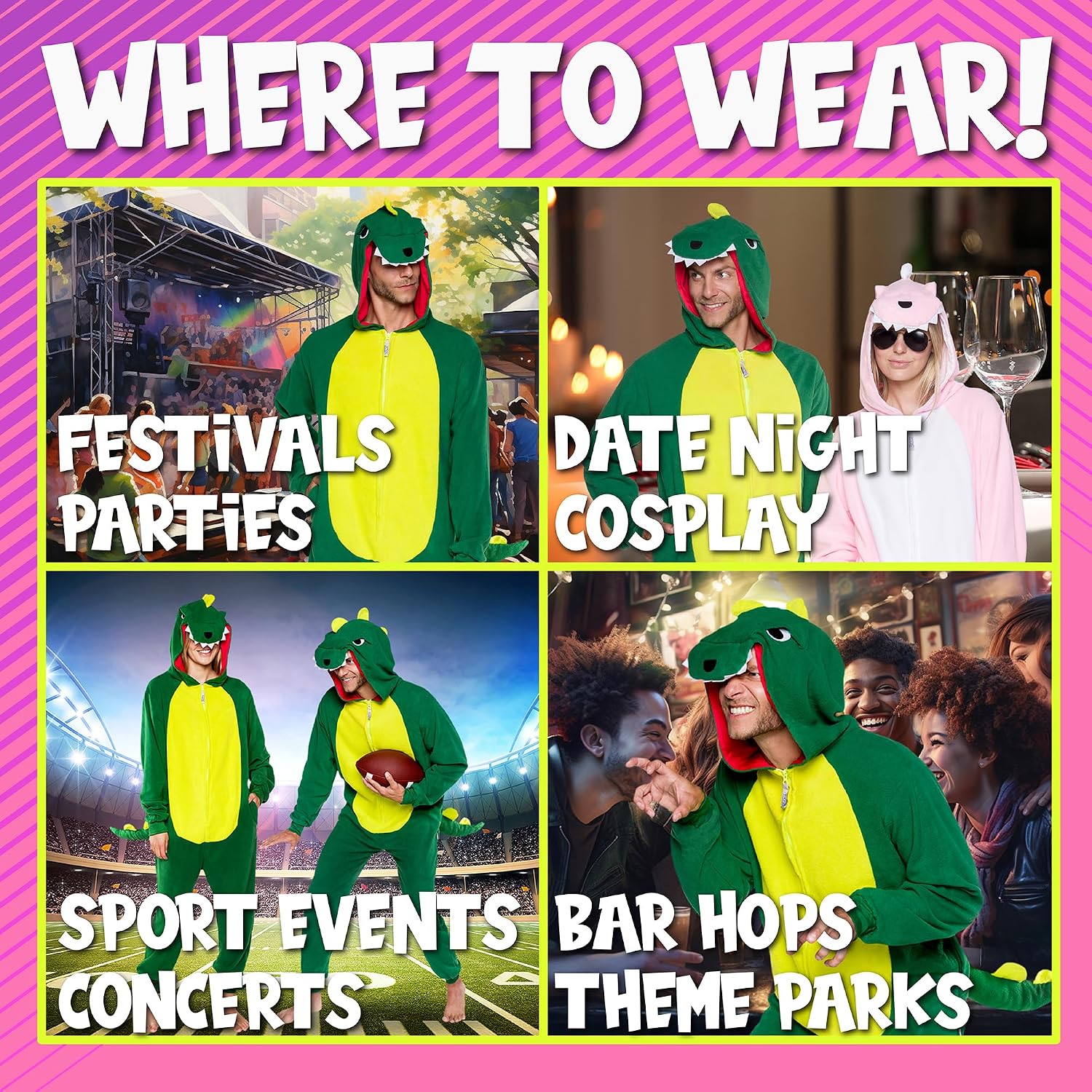 Detalle 2 de Funziez! Slim Fit Animal Onesie Costume, Plush One-Piece Pajamas with Pockets