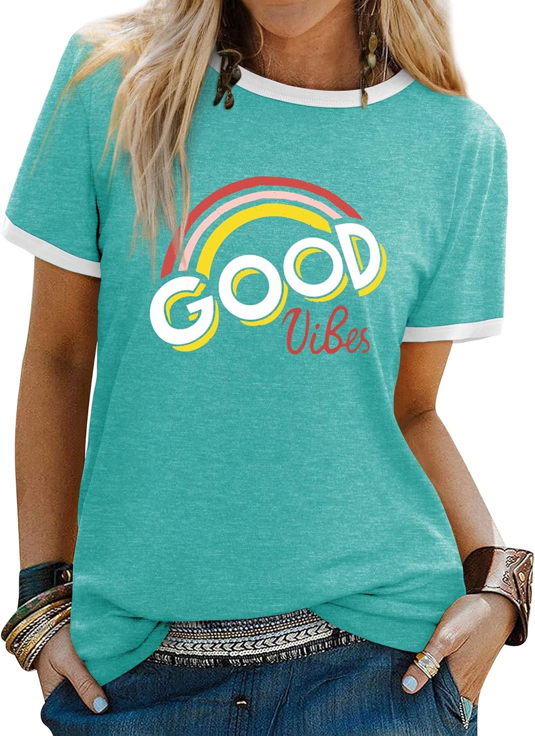 Thumbnail 5 de WIEIYM Damen-T-Shirt Rundhals Kurzarm | Good Vibes Rainbow— casual Sommerlook