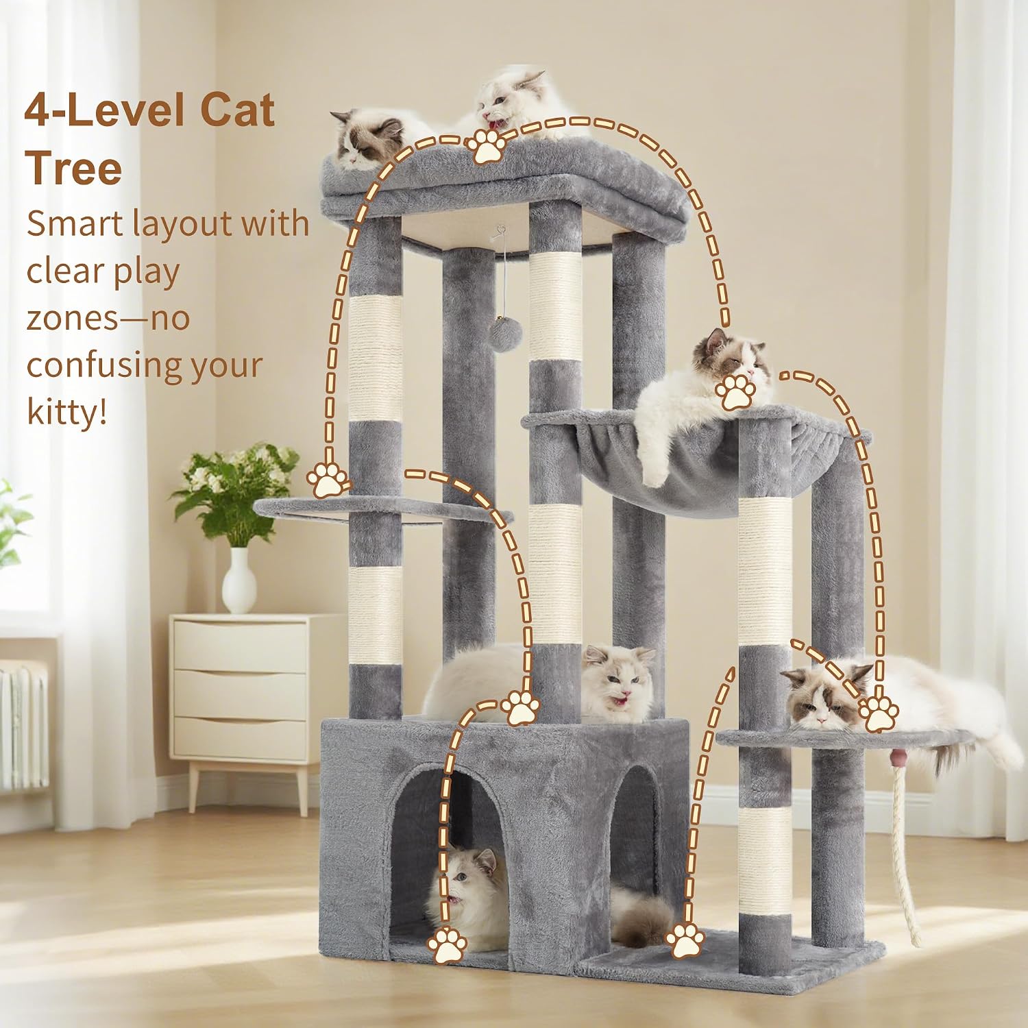 Thumbnail 1 de Heybly Heavy Duty Cat Tree, Tower for Indoor Cats – Large Adult, Tall Cat Condo with Extra-Large Baseboard (HCT026W)