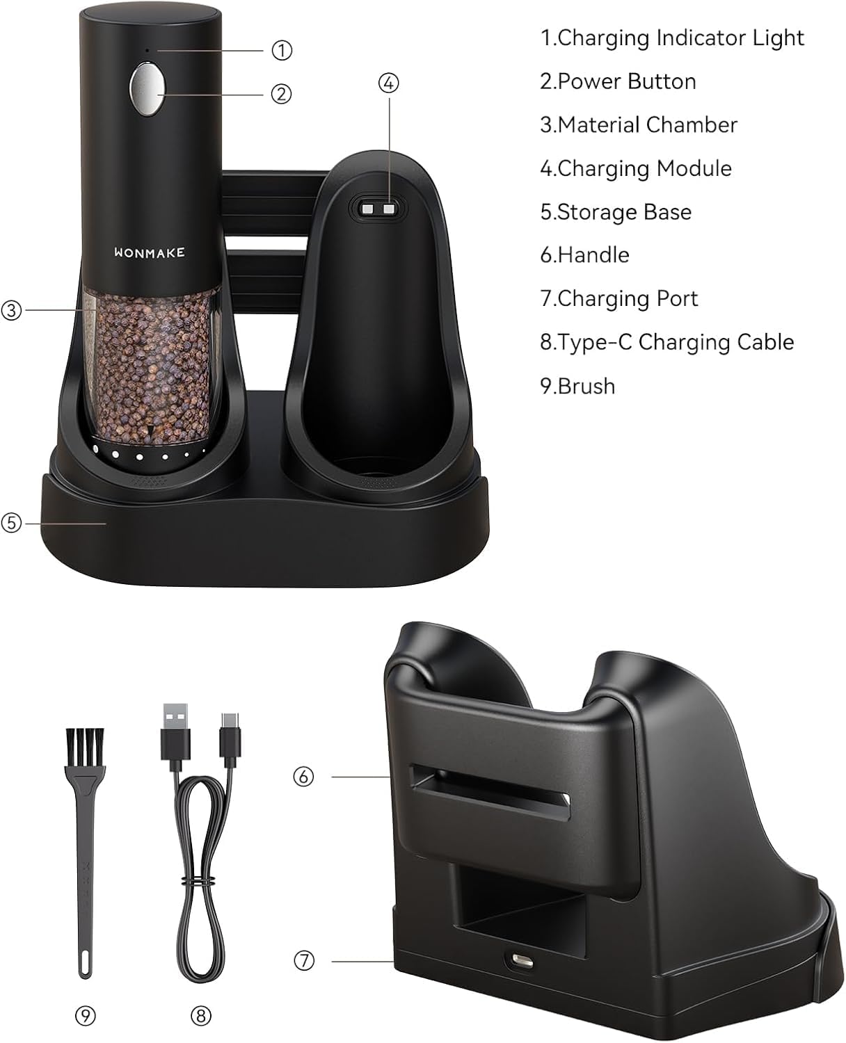 Thumbnail 6 de WONMAKE Electric Salt and Pepper Grinder Set with Dual USB Charging Base & LED Light (6 Grind Levels)