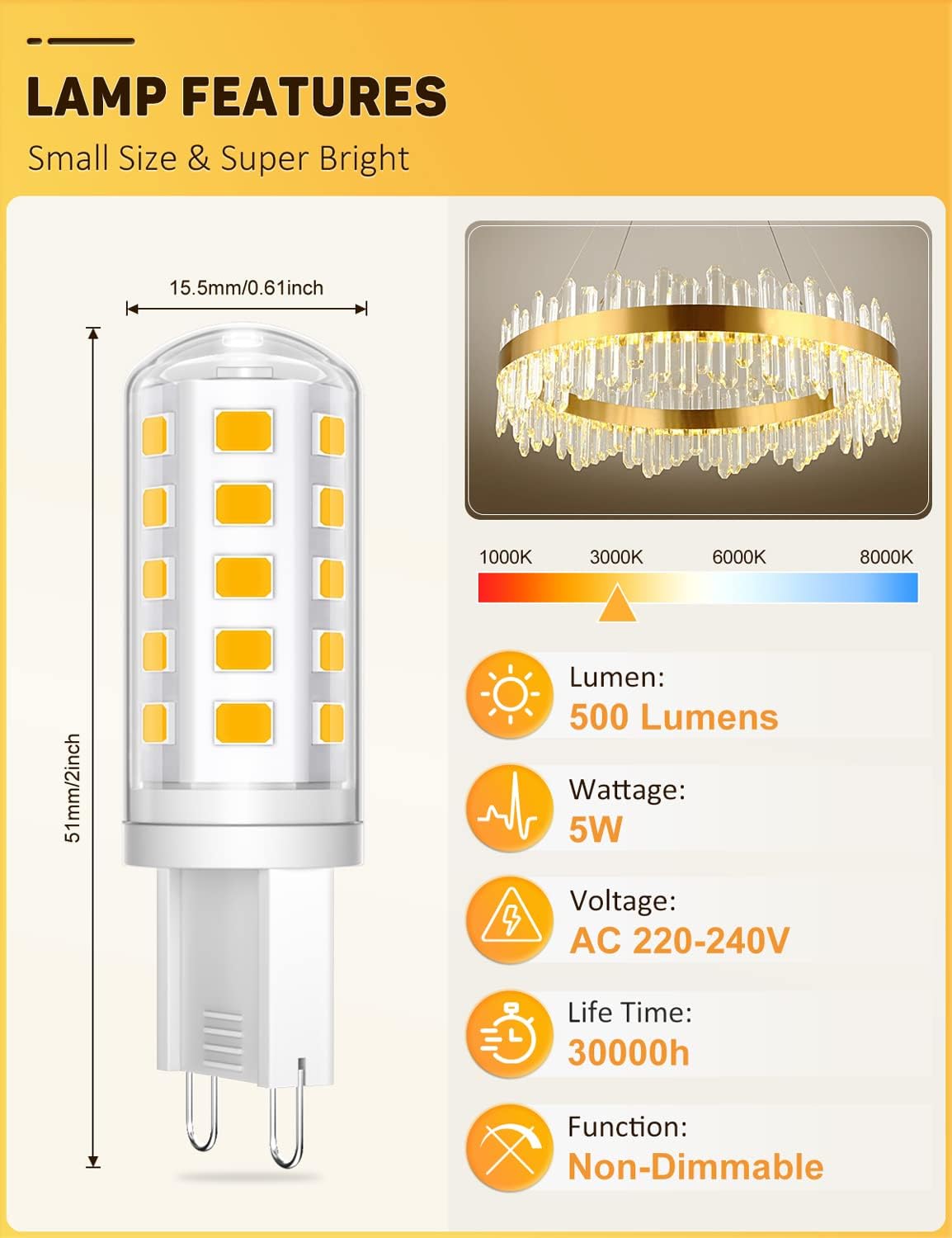 Thumbnail 1 de QNUJN G9 LED Bulbs Warm White, 5W, 500LM, 3000K — 5 Pack