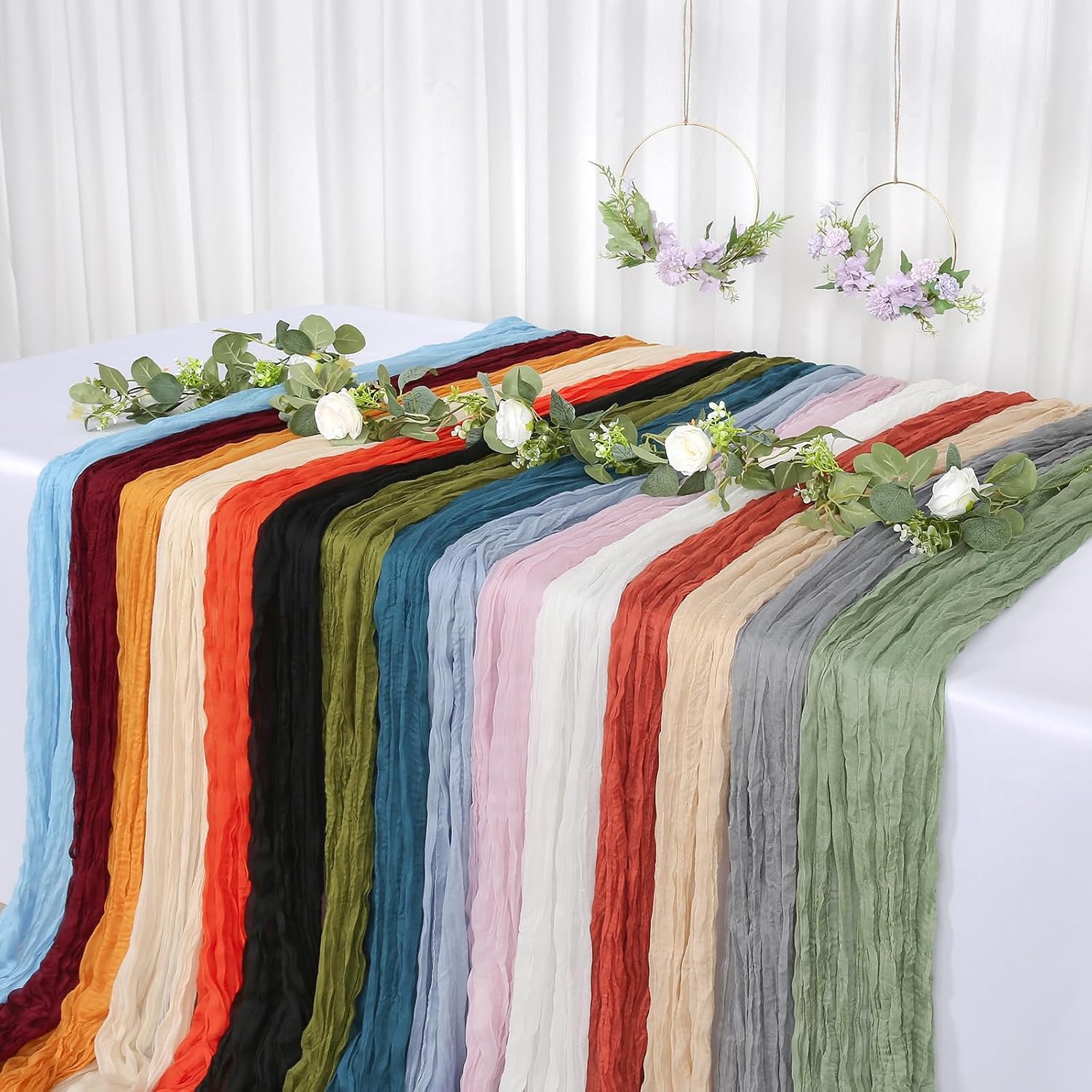 Detalle de Jumdast Käsetuch Tischläufer Boho (Salbeigrün) aus Musselin/Chiffon, abwaschbar & wetterfest, 90 x 300 cm (2er-Set)
