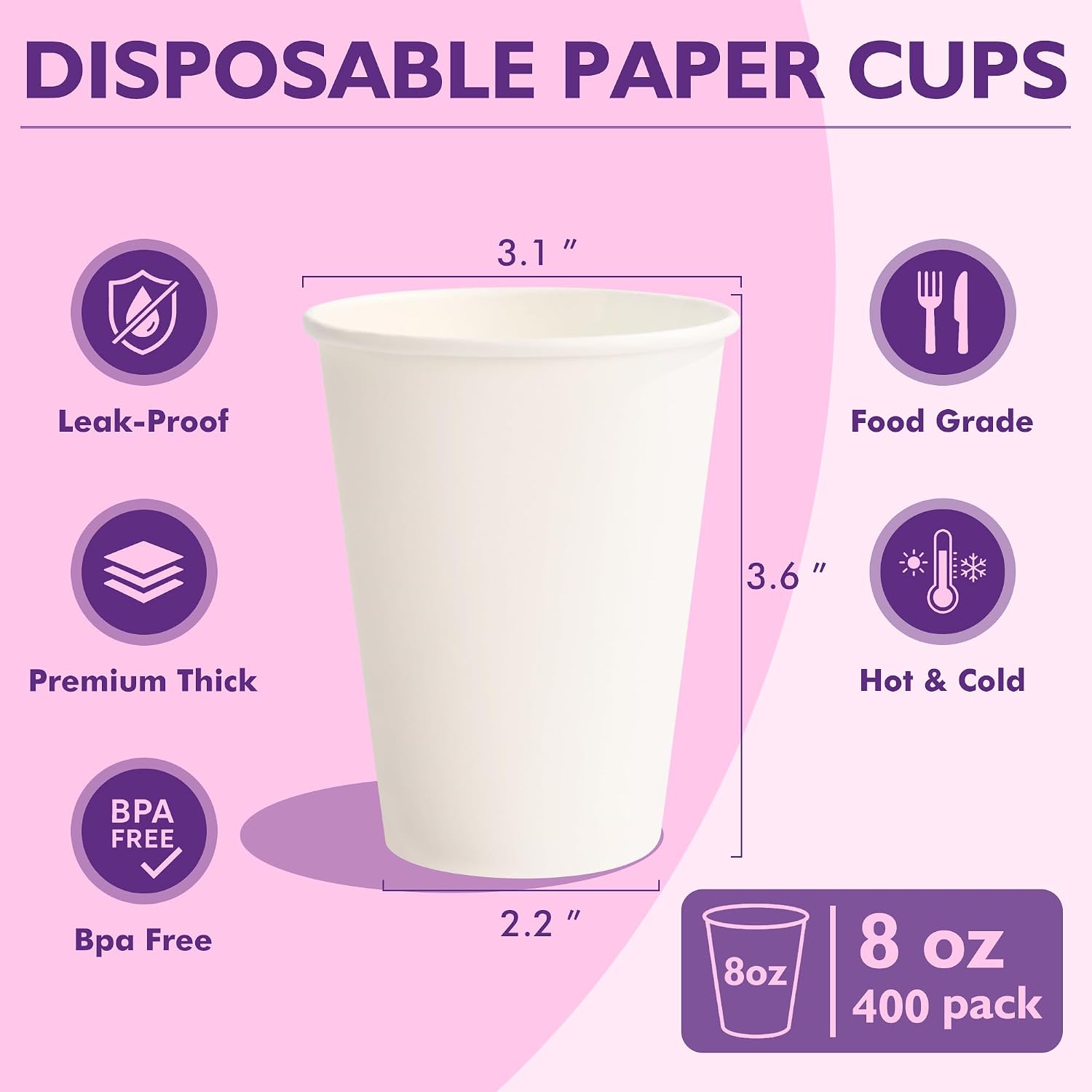 Thumbnail 5 de PACKINNO 8 oz Paper Cups 400 Pack