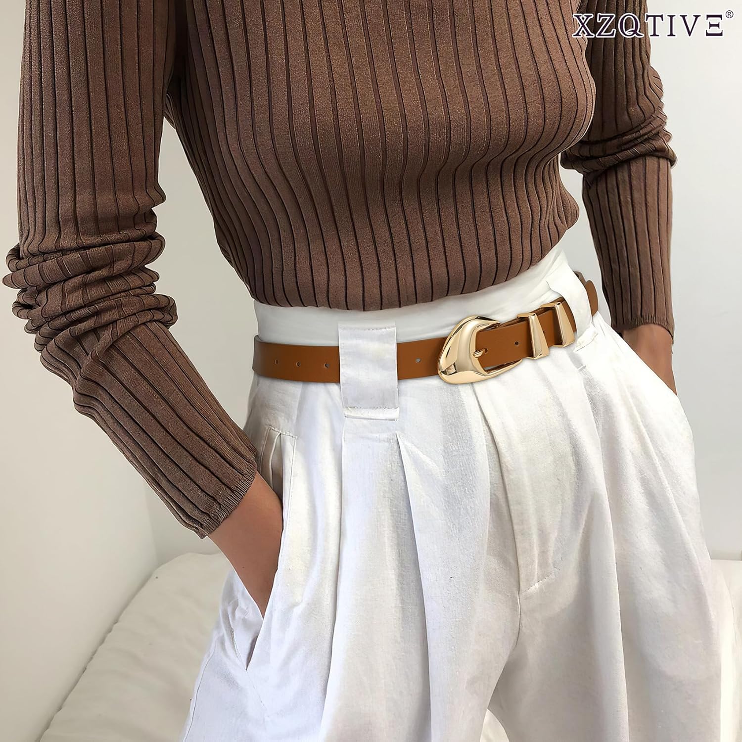 Thumbnail 3 de XZQTIVE women’s leather-look belts with gold buckle for jeans and dress pants (black/brown)