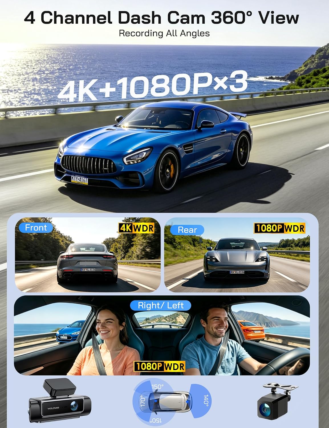 Thumbnail 2 de WOLFANG WD07 4-channel dash cam, 4K front, three 1080p views and Wi-Fi