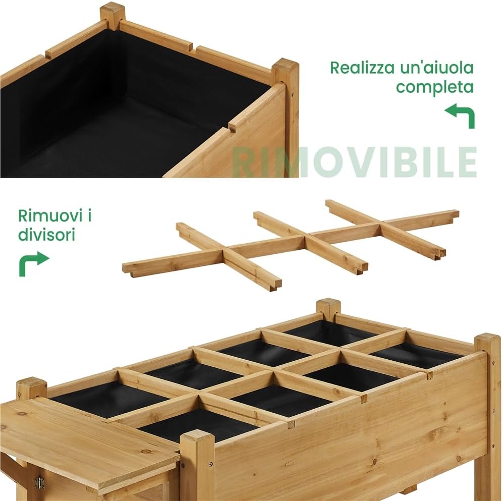 Thumbnail 4 de Yaheetech Fioriera rialzata in legno FSC per balcone e giardino con griglie e ripiano pieghevole 123,5 x 54 x 80 cm