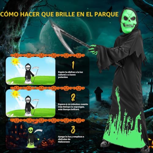 Detalle 2 de Haozozo disfraz de muerte para niño, fluorescente, con máscara y guadaña (11-14 años)