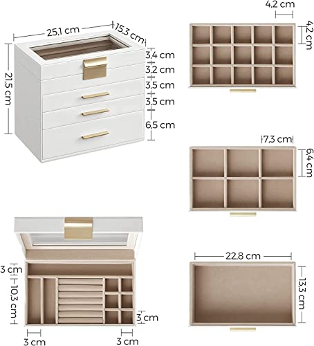 Detalle 2 de SONGMICS GISELLA Collezione – Portagioie con Coperchio in Vetro, 4 Livelli, 31 Scomparti, Bianco Nuvola e Dorato