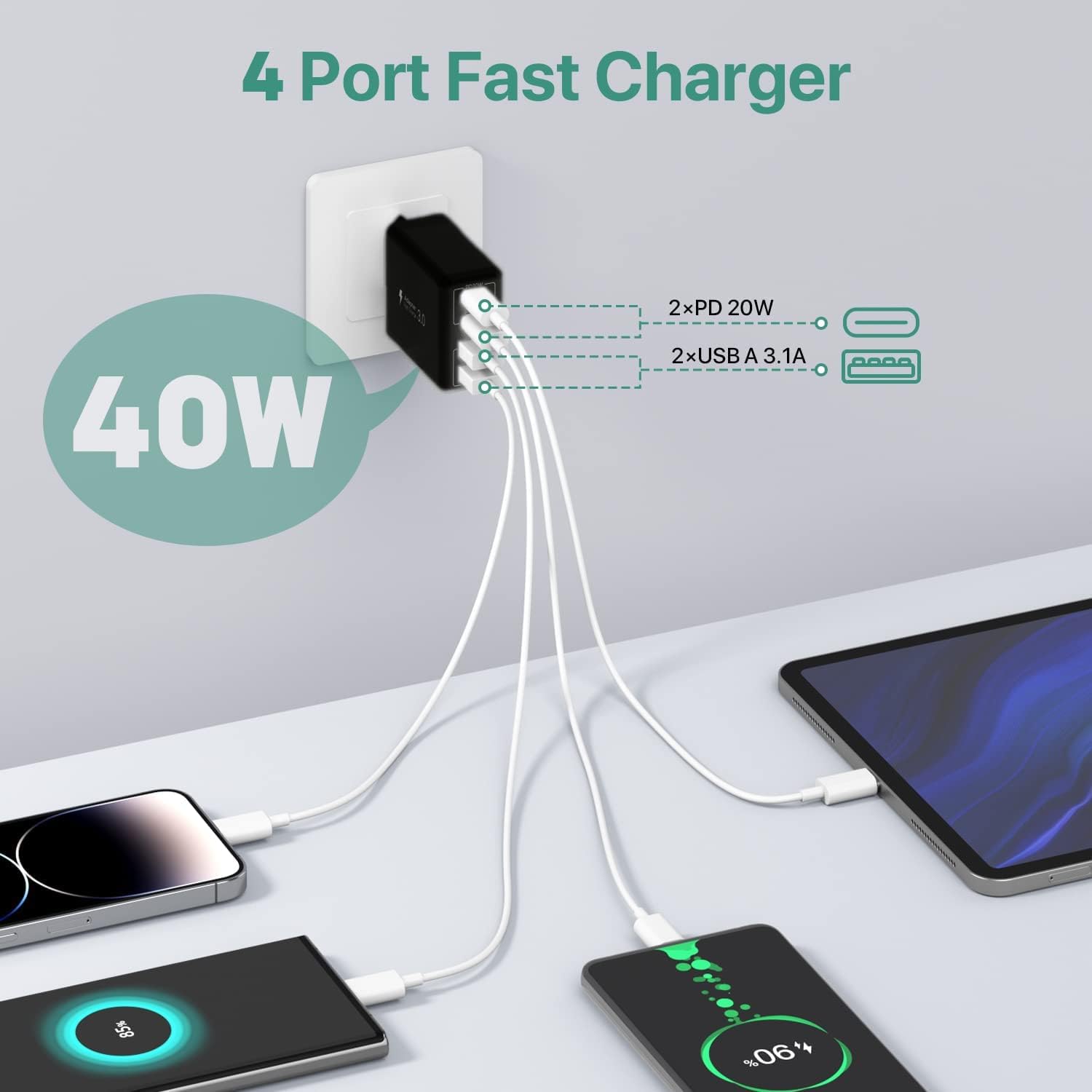 Thumbnail 1 de Caricatore USB C 40 W a 4 Porte: ricarica rapida e sicura per tutti i tuoi dispositivi