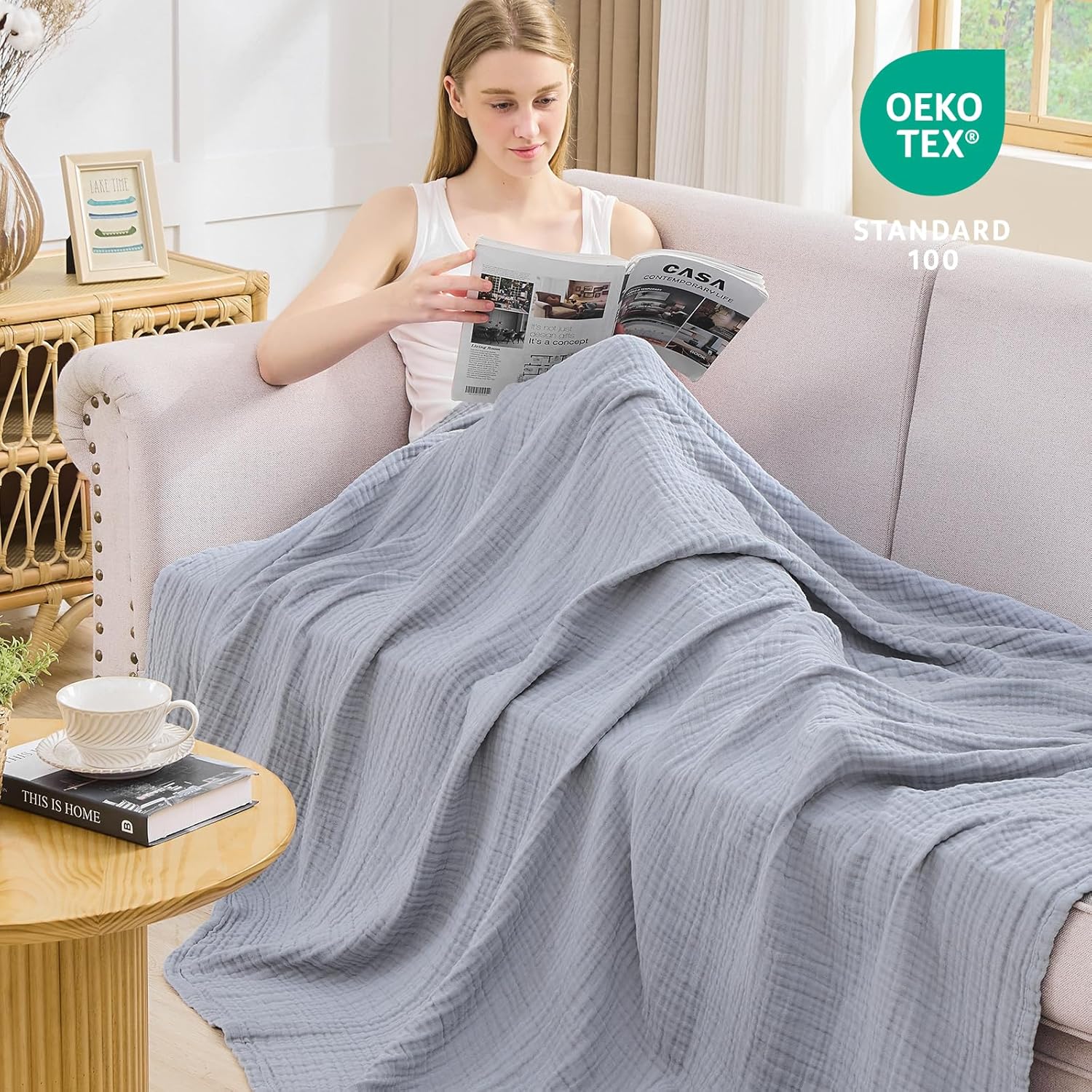 Thumbnail 2 de EMME Musselin-Decke für Erwachsene, 100% Baumwolle, 152 x 203 cm Graublau