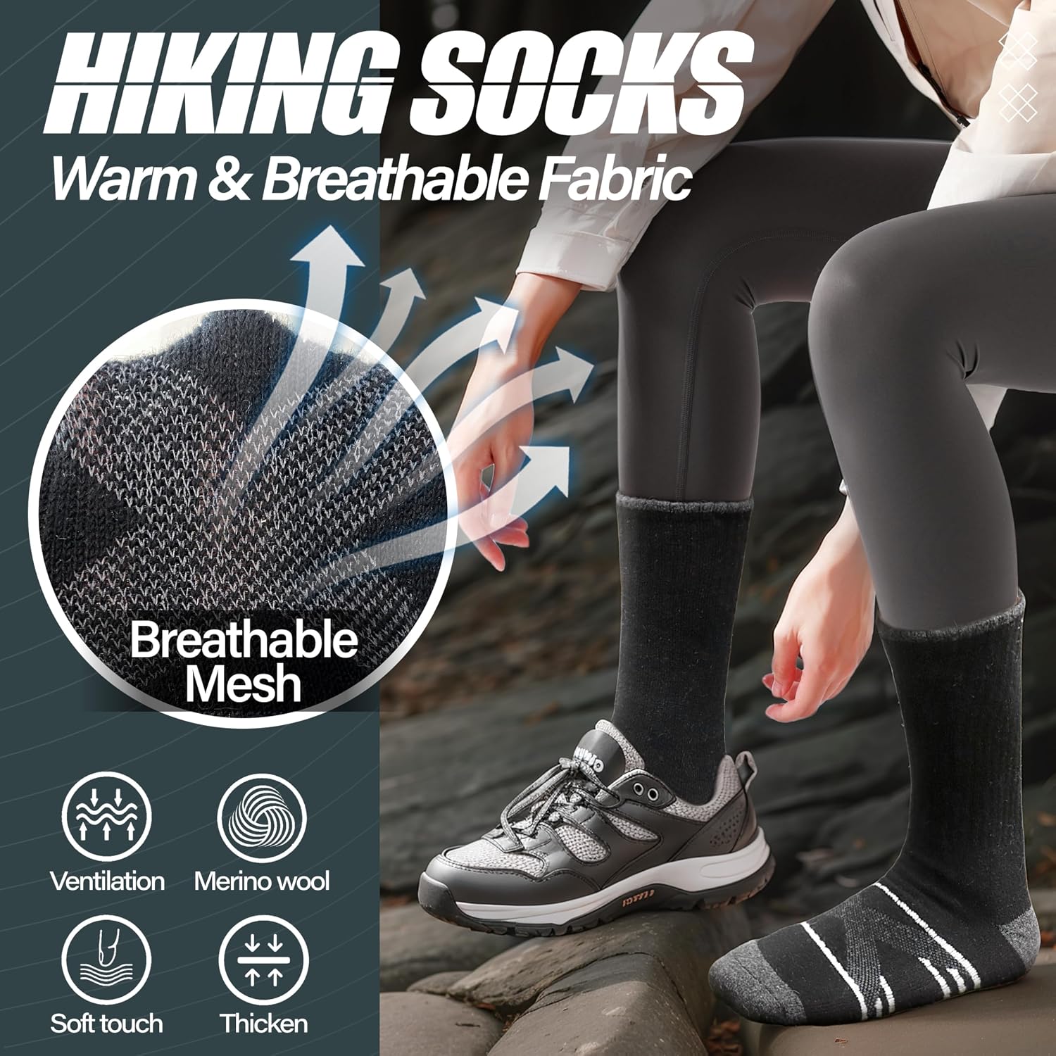 Thumbnail 6 de ANTSANG Merino Wool Hiking Socks, 5-Pair Crew Boot Socks with Targeted Cushion