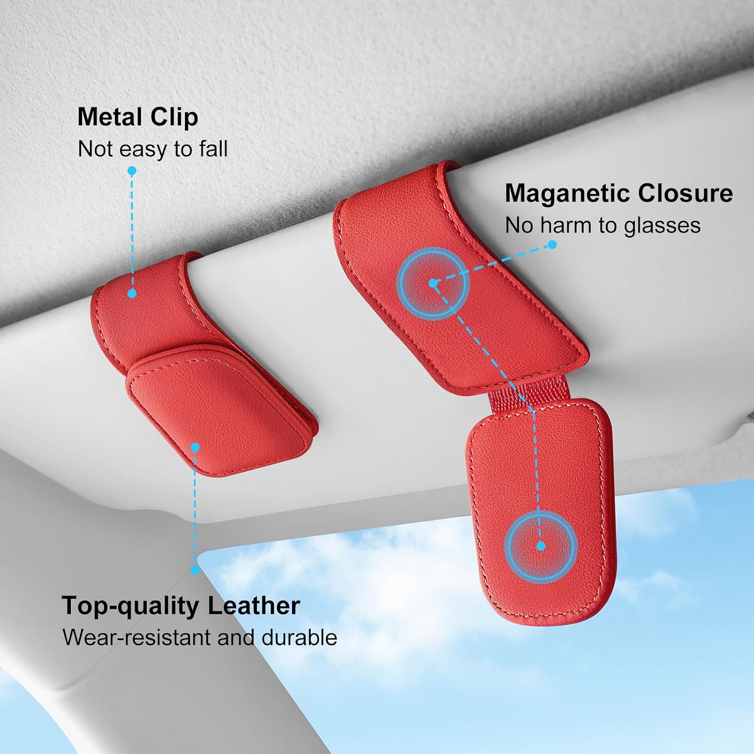 Thumbnail 3 de TCJJ Red Leather Car Visor Sunglasses Holder with Magnetic Clip