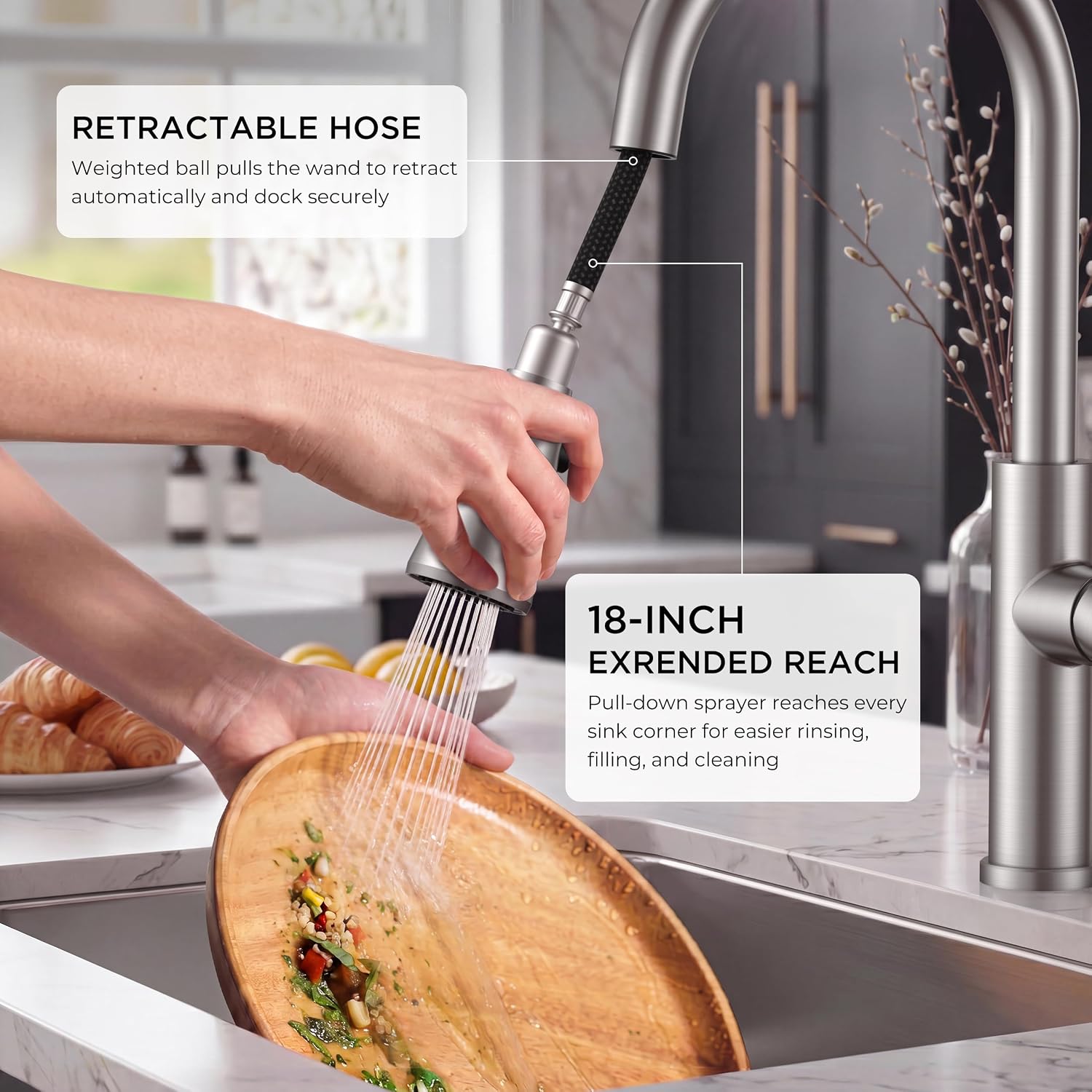 Detalle 2 de FORIOUS FF0096BN Pull-Down Kitchen Faucet, High-Arc, Brushed Nickel