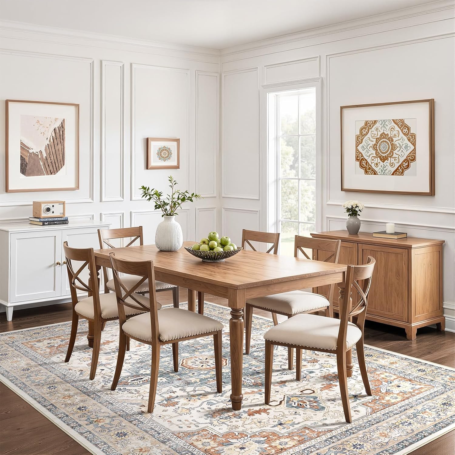 Thumbnail 5 de 8x10 Washable Boho Area Rug for Living Room, Beige/Blue, Non-Slip Low-Pile (Stain Resistant)