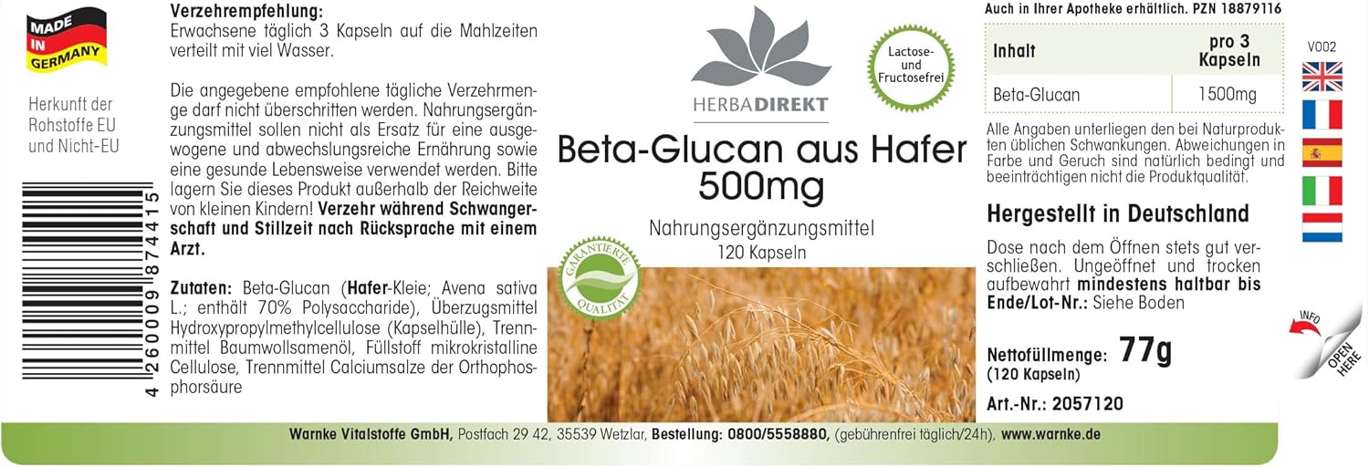 Detalle 2 de HERBADIREKT Beta glucano 500 mg 120 capsule integratore 💊