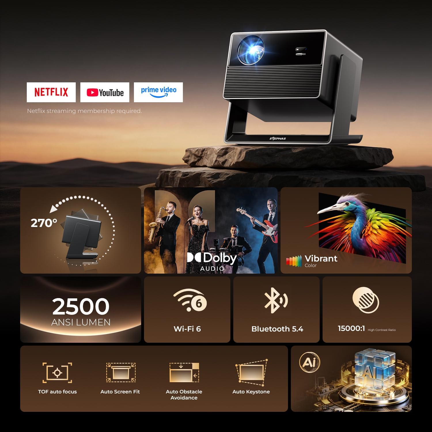 Thumbnail 1 de ELEPHAS Smart 4K Projector with WiFi & Bluetooth — 270° Rotatable Home Theater