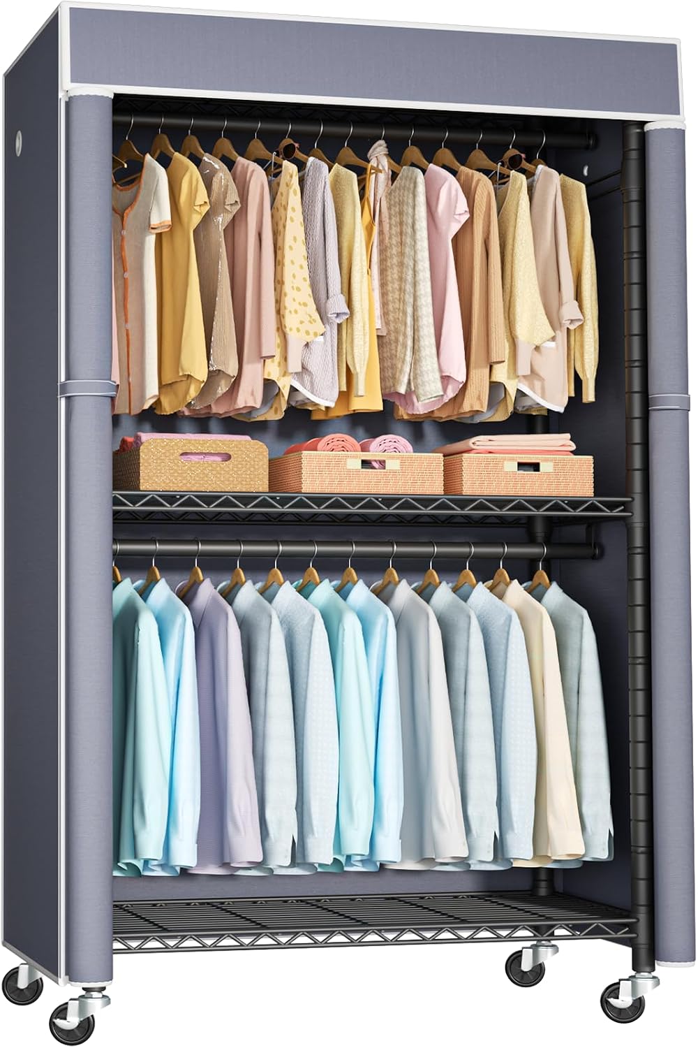 Detalle de FUTASSI P1C Covered Clothing Rack with Gray Cover, Shelves and Wheels