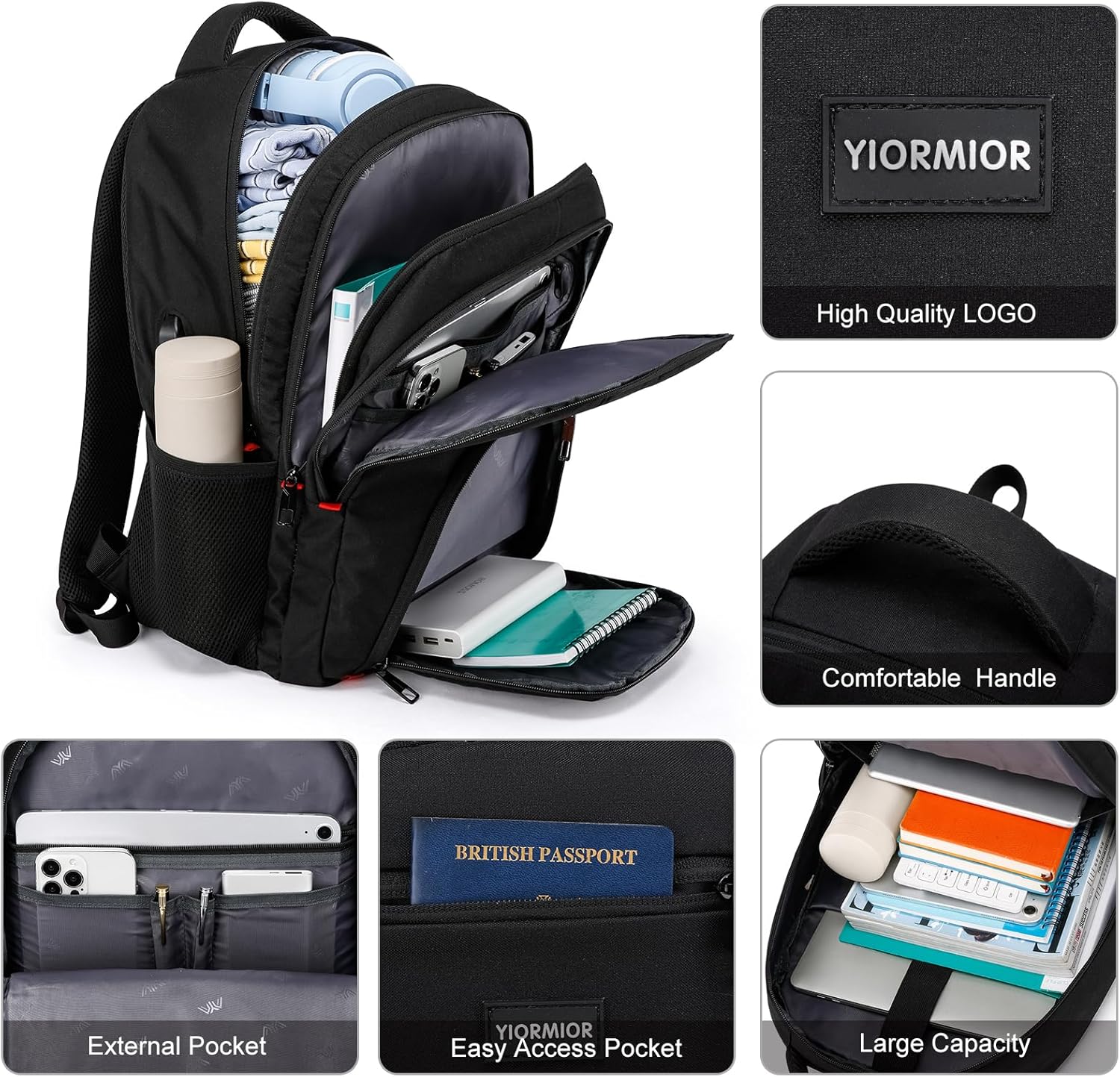 Detalle de YIORMIOR Backpack: Large, USB-enabled Daypack for School, Work and Travel