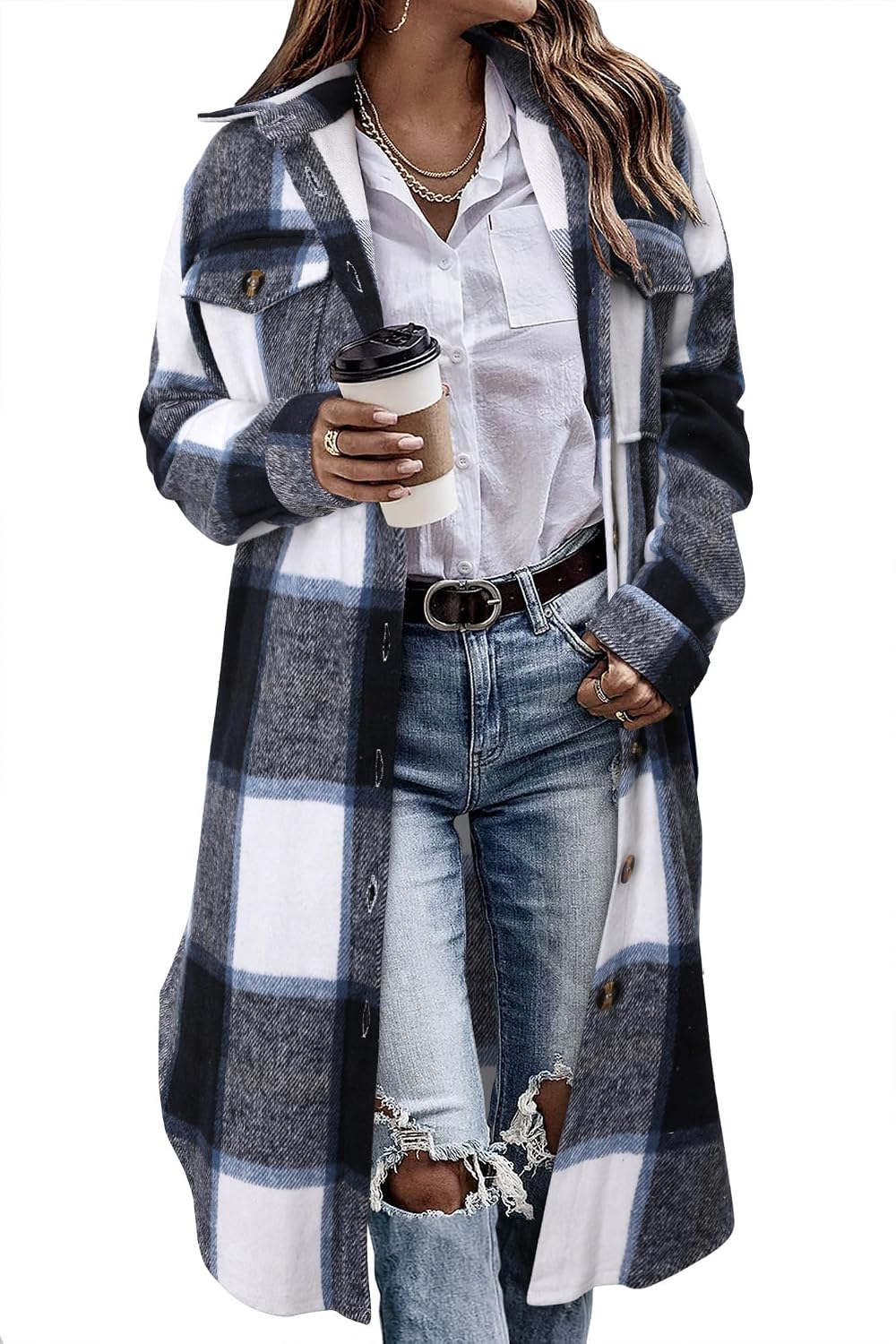 Detalle de onlypuff Women's Long Plaid Flannel Shacket Jacket, Button-Down Lapel