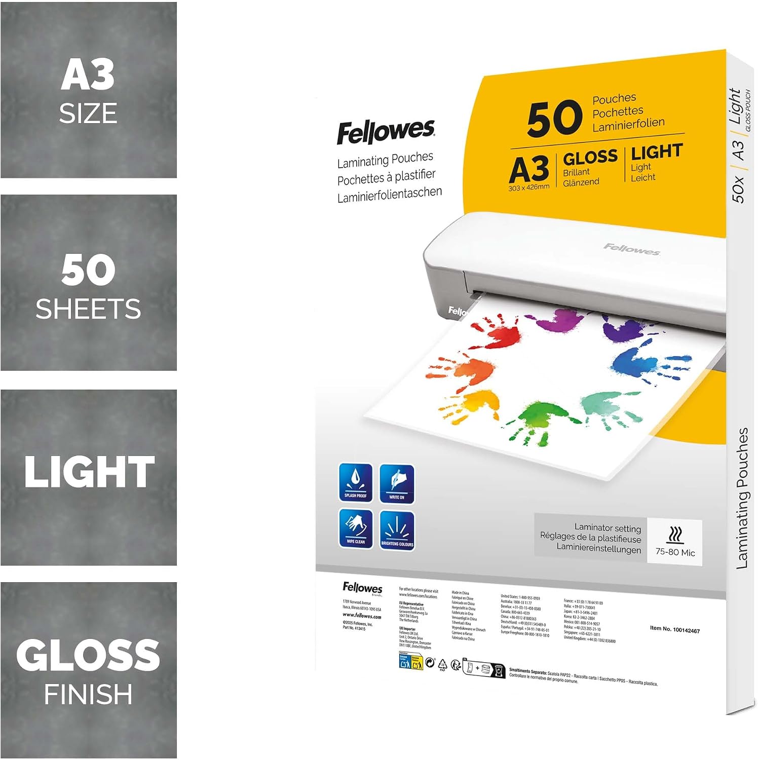 Thumbnail 1 de Fellowes A3 Gloss Laminating Pouches – 50 Pack (75/80 micron) for Home, School or Office