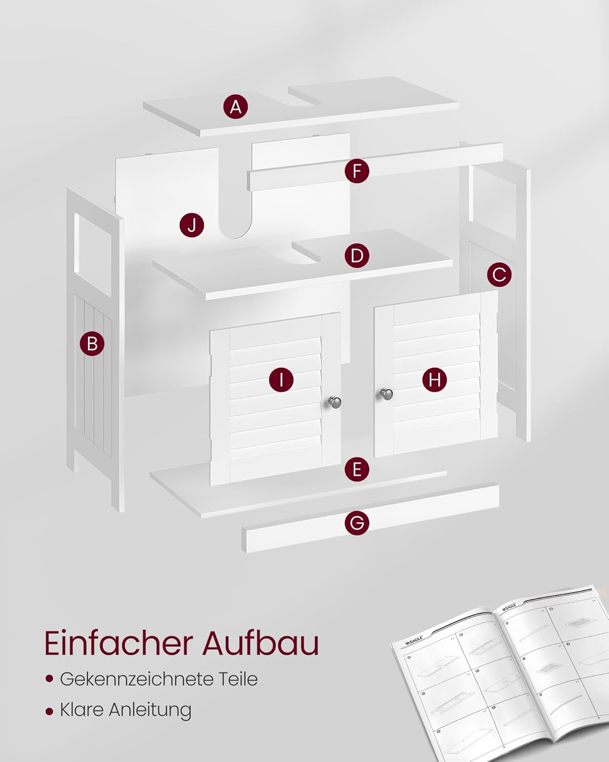 Thumbnail 6 de VASAGLE Waschbeckenunterschrank 30 x 60 x 60 cm, weiß – Lamellentüren, offenes Fach, verstellbare Ebenen