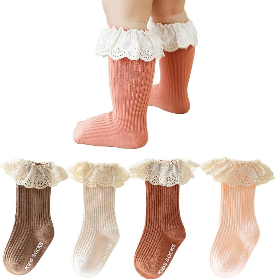 Detalle de HXQLXGT 4 Pack Baby Girls' Cotton Knee-High Socks with Lace (0–3 Years)