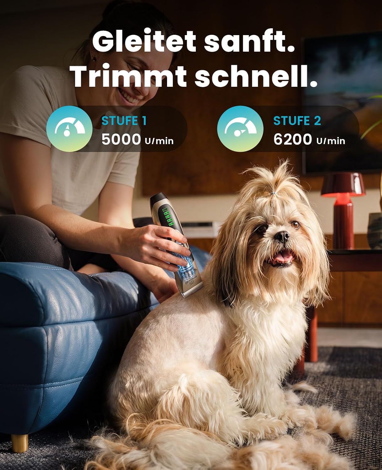 Detalle de oneisall Leise Hundeschermaschine – kabellos, 2000mAh, 4 Stunden Laufzeit, für Langhaar–Fellpflege von Hund & Katze (Gold)