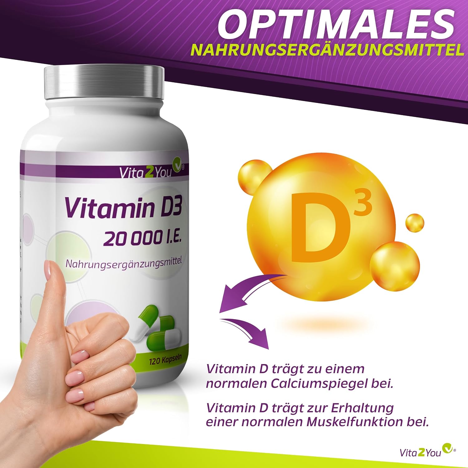 Detalle de Vita2You Vitamin D3 20.000 IE – 120 Kapseln (1.000 I.E./Tag) aus Deutschland
