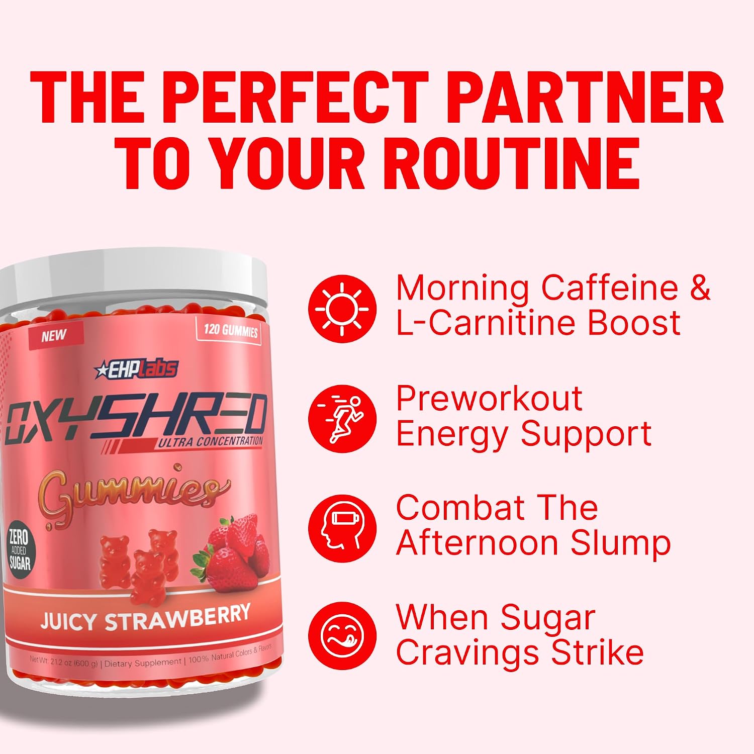 Detalle 2 de EHP Labs OxyShred Pre-Workout Energy Gummies, Strawberry, 100mg Caffeine
