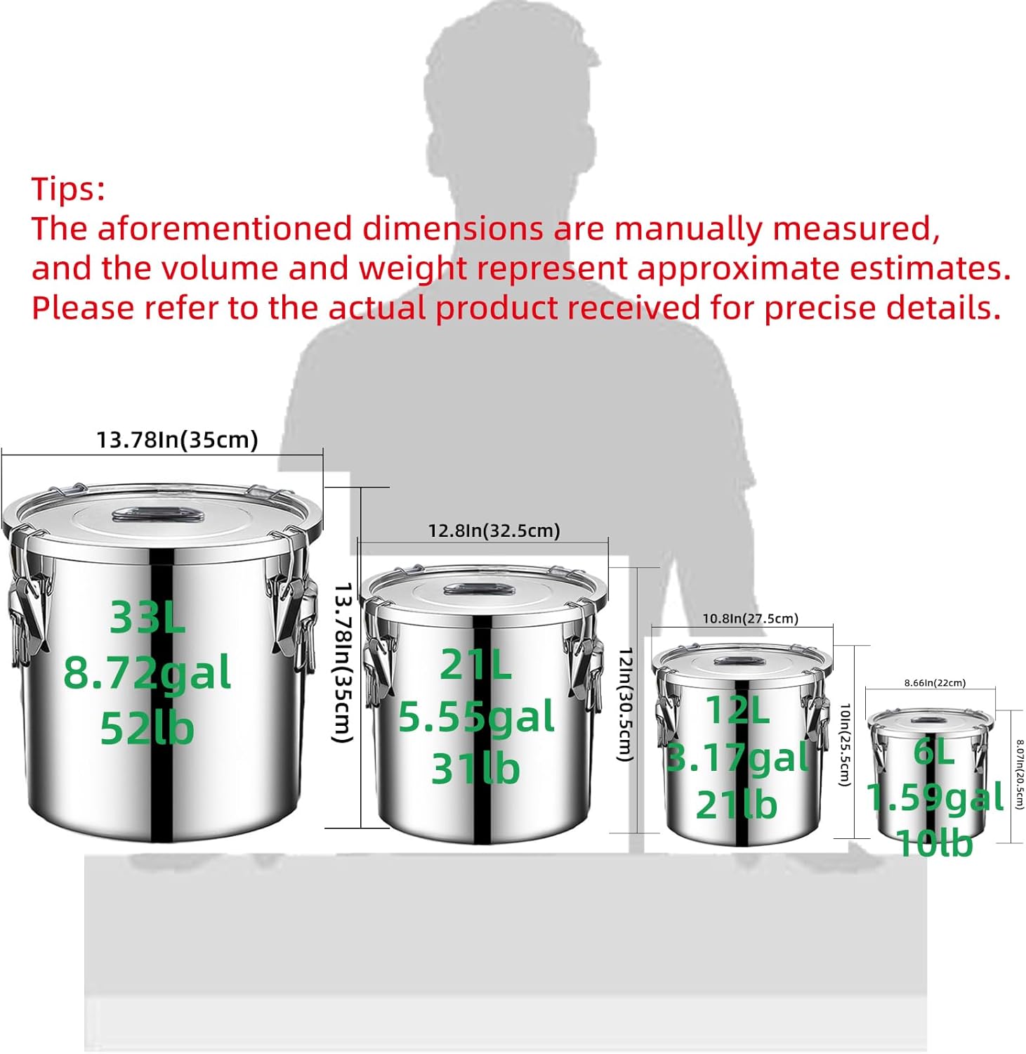 Detalle de Verdeho 304 Stainless Steel Airtight Food Storage Containers (33L) with Lock Clips