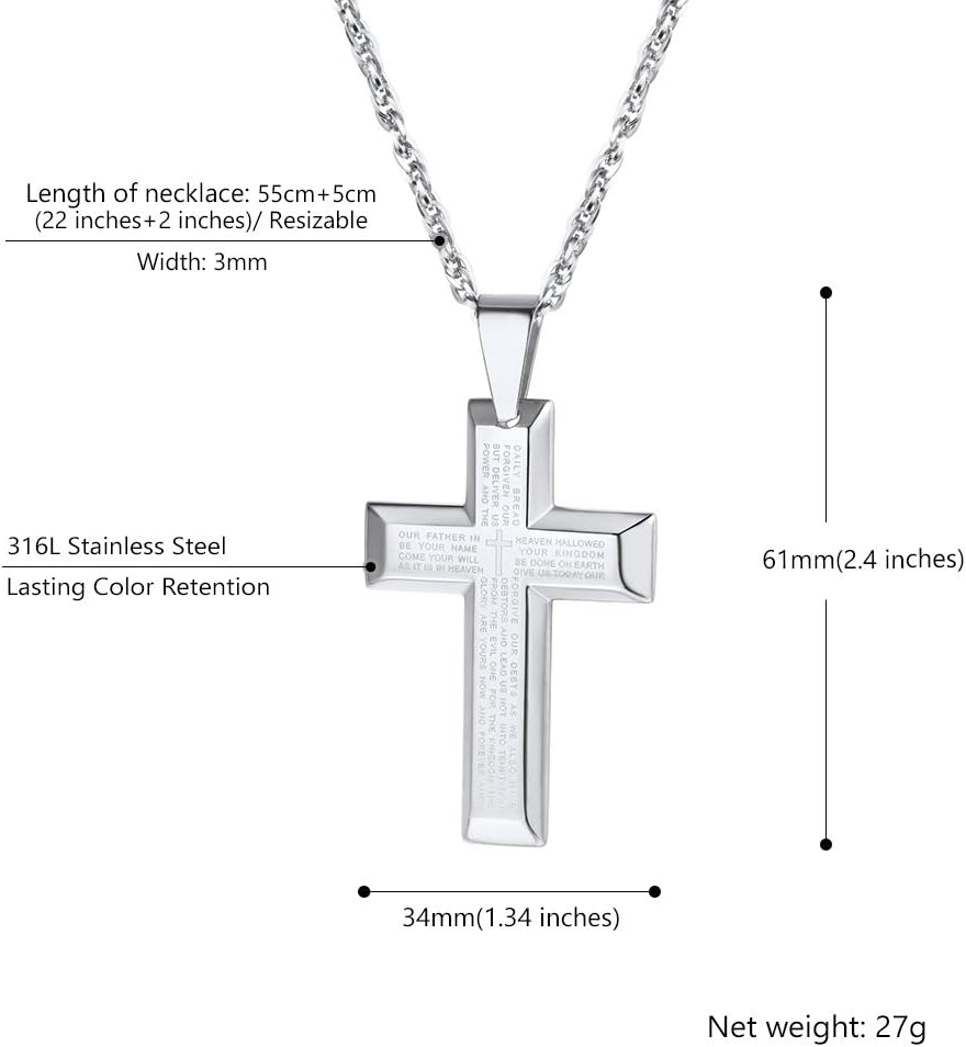 Detalle 2 de PROSTEEL collana da uomo con crocifisso grande, verso Bibbia e catenina regolabile