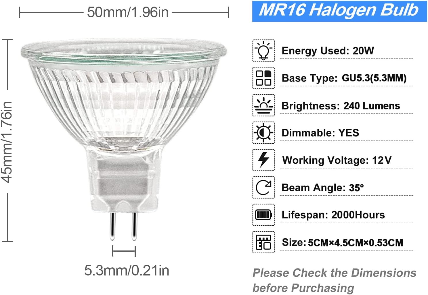 Detalle de ETUOLMP MR16 Halogen Bulbs 12V 20W (GU5.3) 6 Pack, Dimmable, Warm White 2700K, 35° Beam
