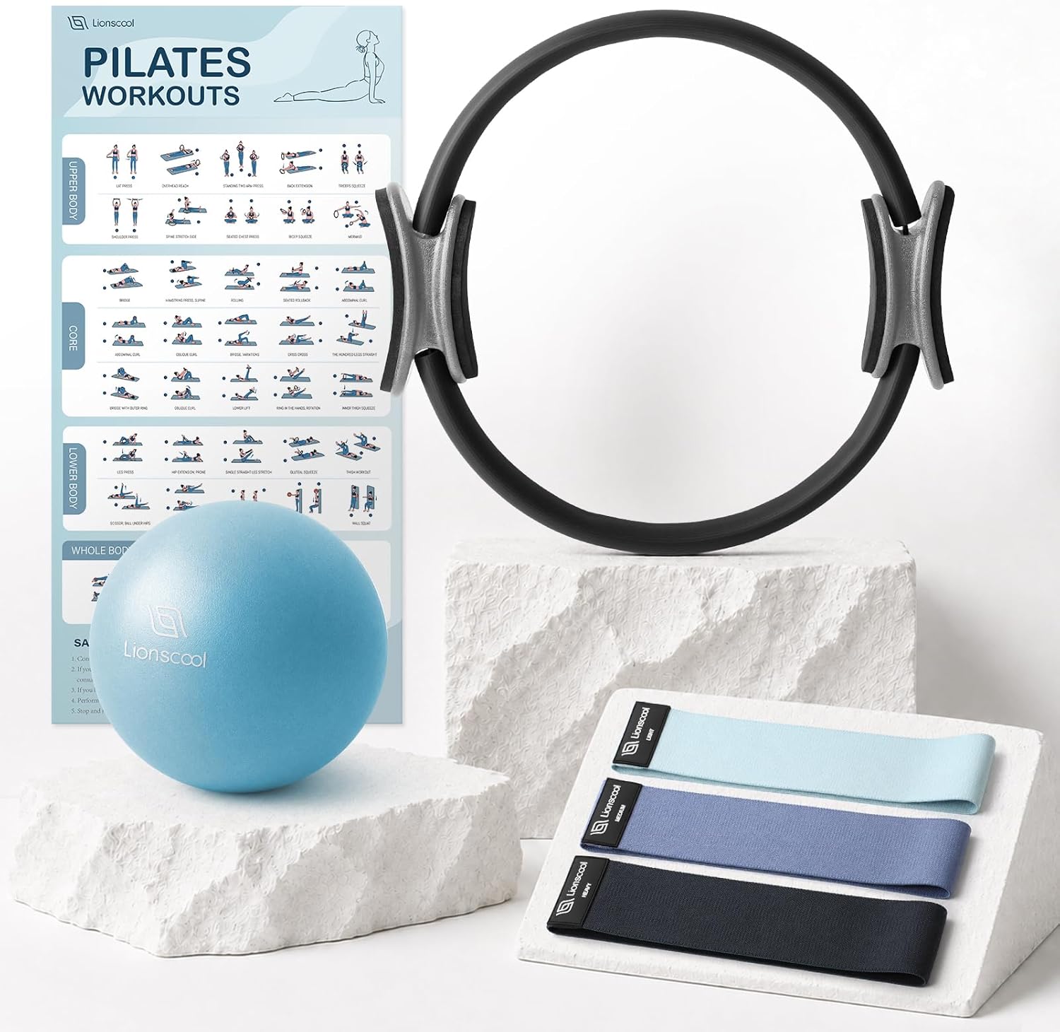 Thumbnail 6 de LIONSCOOL Pilates Ring Set – 14" Anti-Deformation Circle with Padded Handles, Mini Ball, Resistance Bands, Guide & Bag