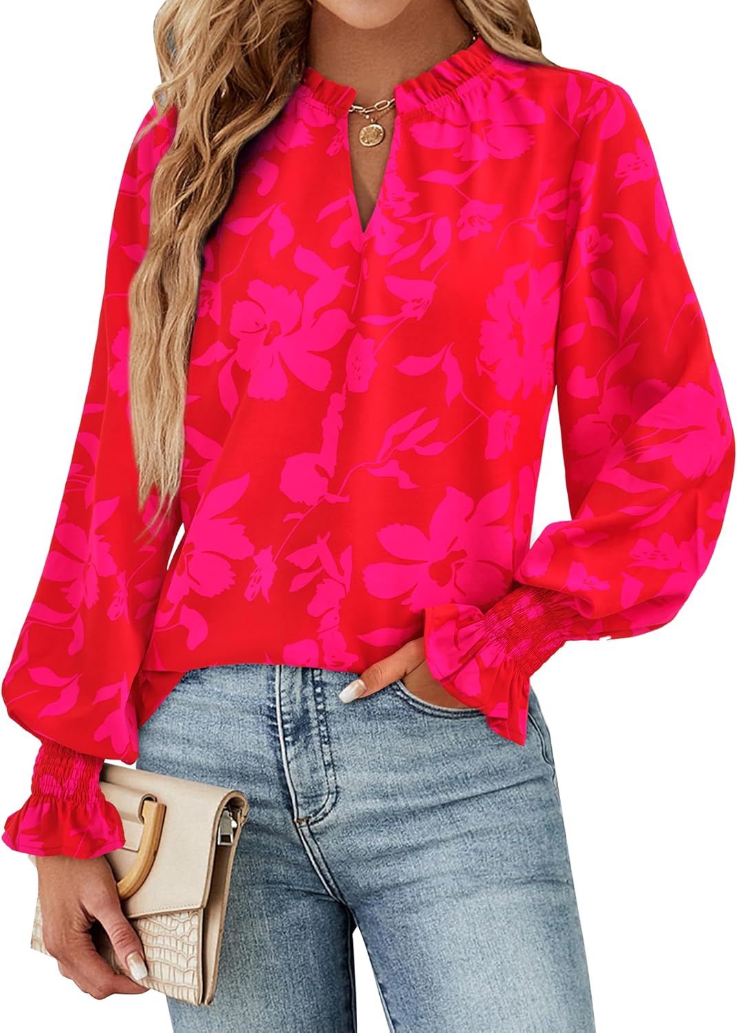 Detalle de MASCOMODA Women's V Neck Floral Long Sleeve Top — Boho Chic for 2026 Summer