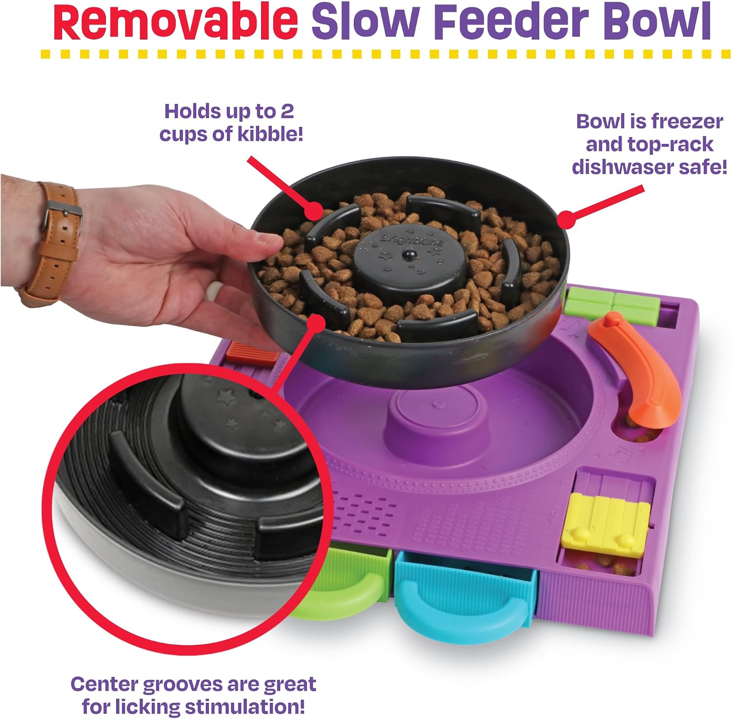 Detalle de Brightkins DJ Doggo Puzzle Feeder: 2-in-1 Slow Feeding Bowl & Interactive Toy