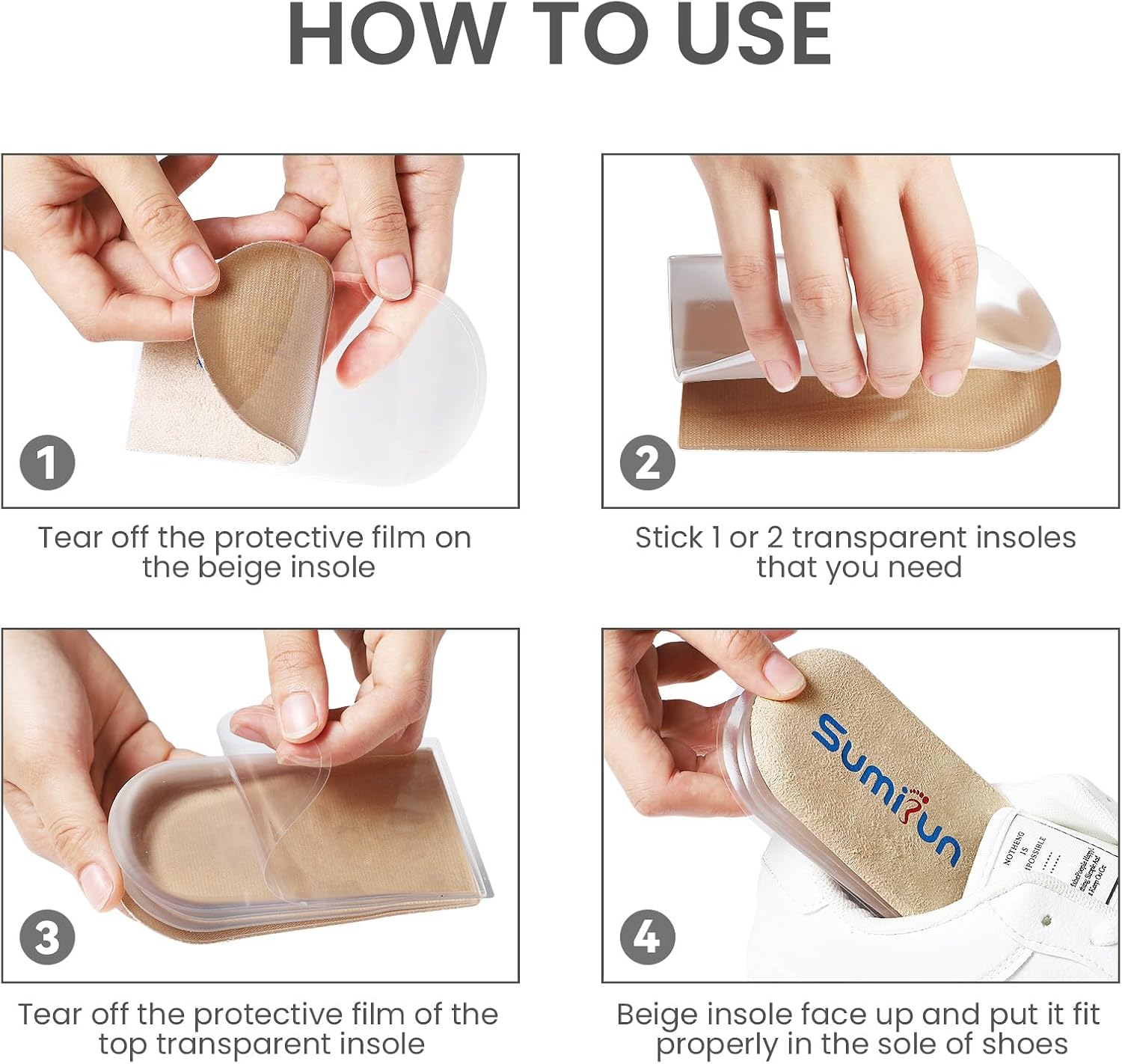 Thumbnail 6 de Sumifun Heel Lift Inserts (Gel) for Women – Adjustable Orthopedic Heel Pads (S, Beige) – 1/8in/2/8in/3/8in