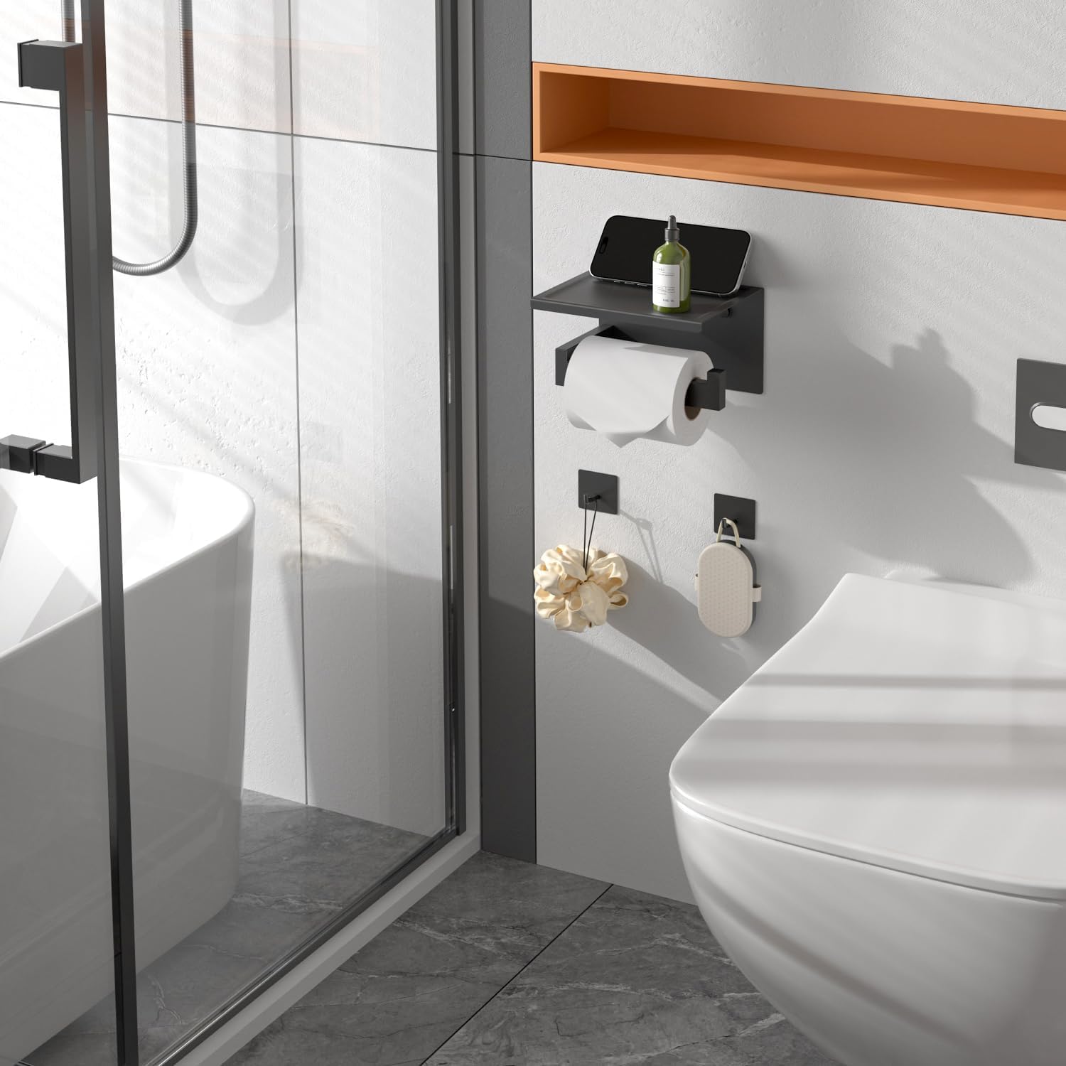 Thumbnail 1 de HITSLAM Toilettenpapierhalter ohne Bohren mit Ablage – selbstklebend (Edelstahl SUS304) in Schwarz