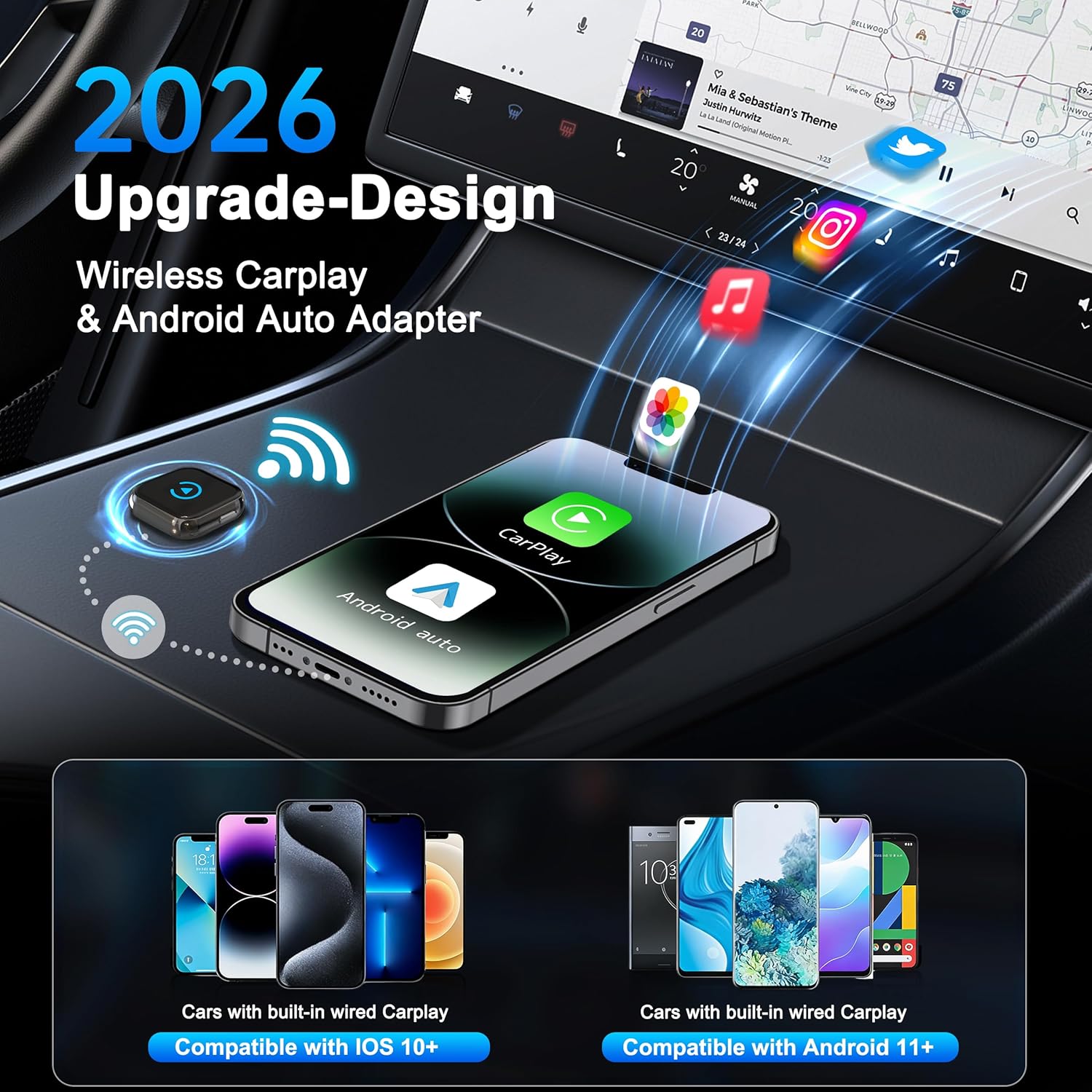 Detalle de 2026 Verbesserter 2-in-1 CarPlay Wireless Adapter – Plug & Play, Dual-Band Wi‑Fi, Bluetooth 5.3
