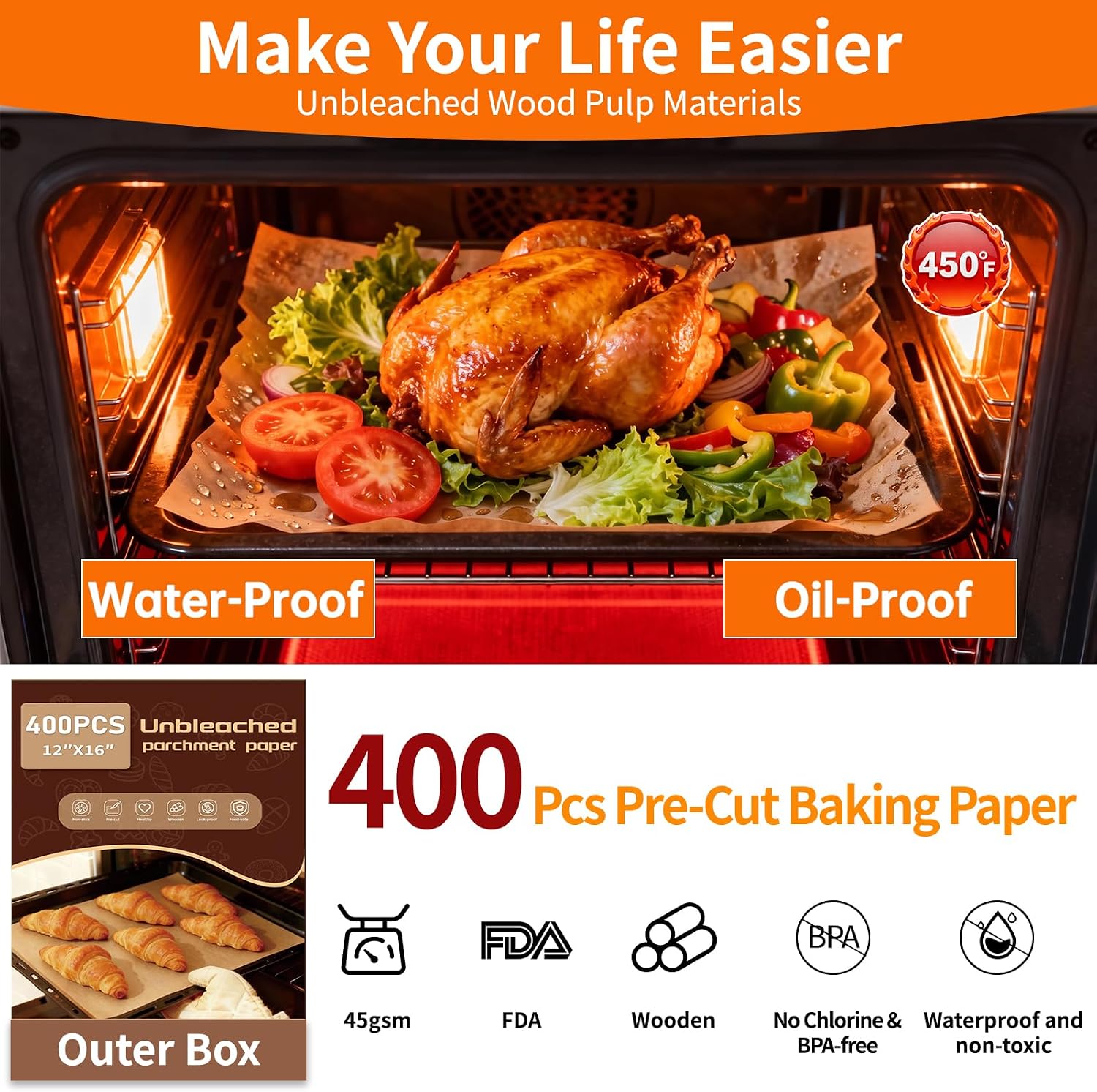 Detalle de YUANYE 400-Pack Unbleached Parchment Paper Baking Sheets (12"x16")