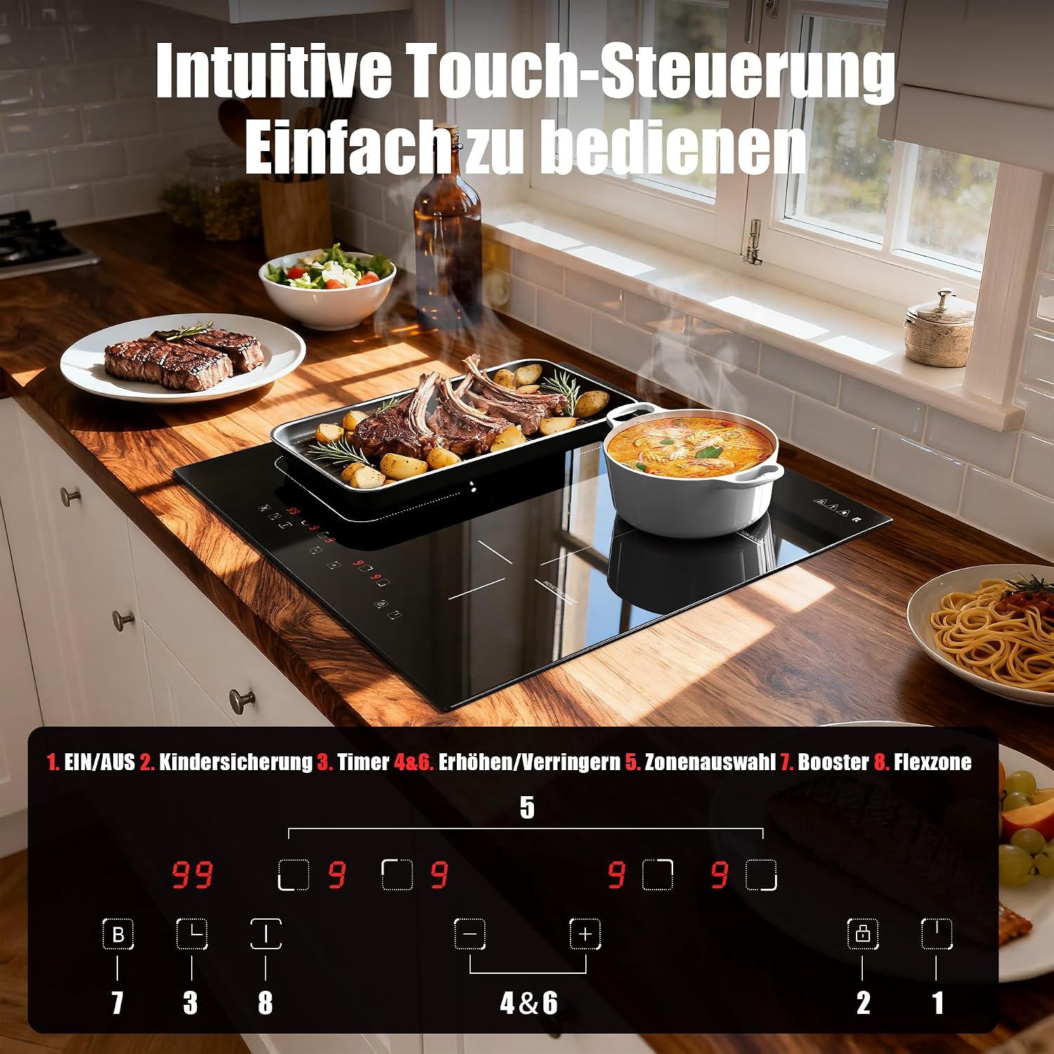 Detalle de Karinear Induktionskochfeld 60 cm 7200W mit Flexzone – 4 Platten, Touchscreen & Sicherheit