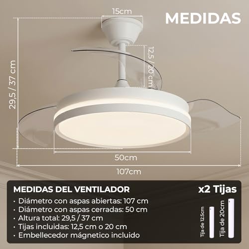 Detalle de YOEVU ESPARTAN ONE: Ventilador de Techo con Luz LED y aspas retráctiles