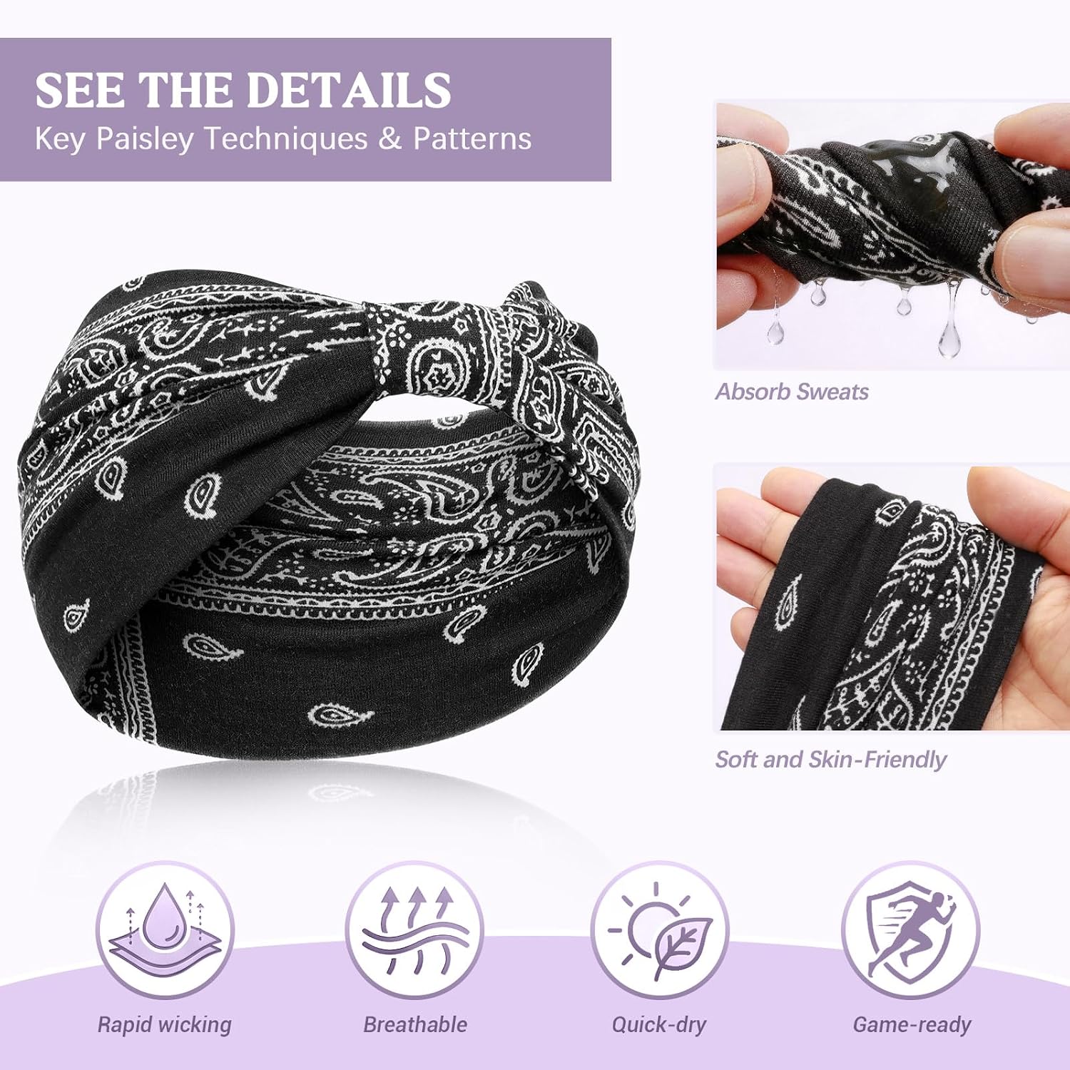 Detalle de Awumbuk Wide Headbands for Women, Purple Boho Paisley, 6 Count