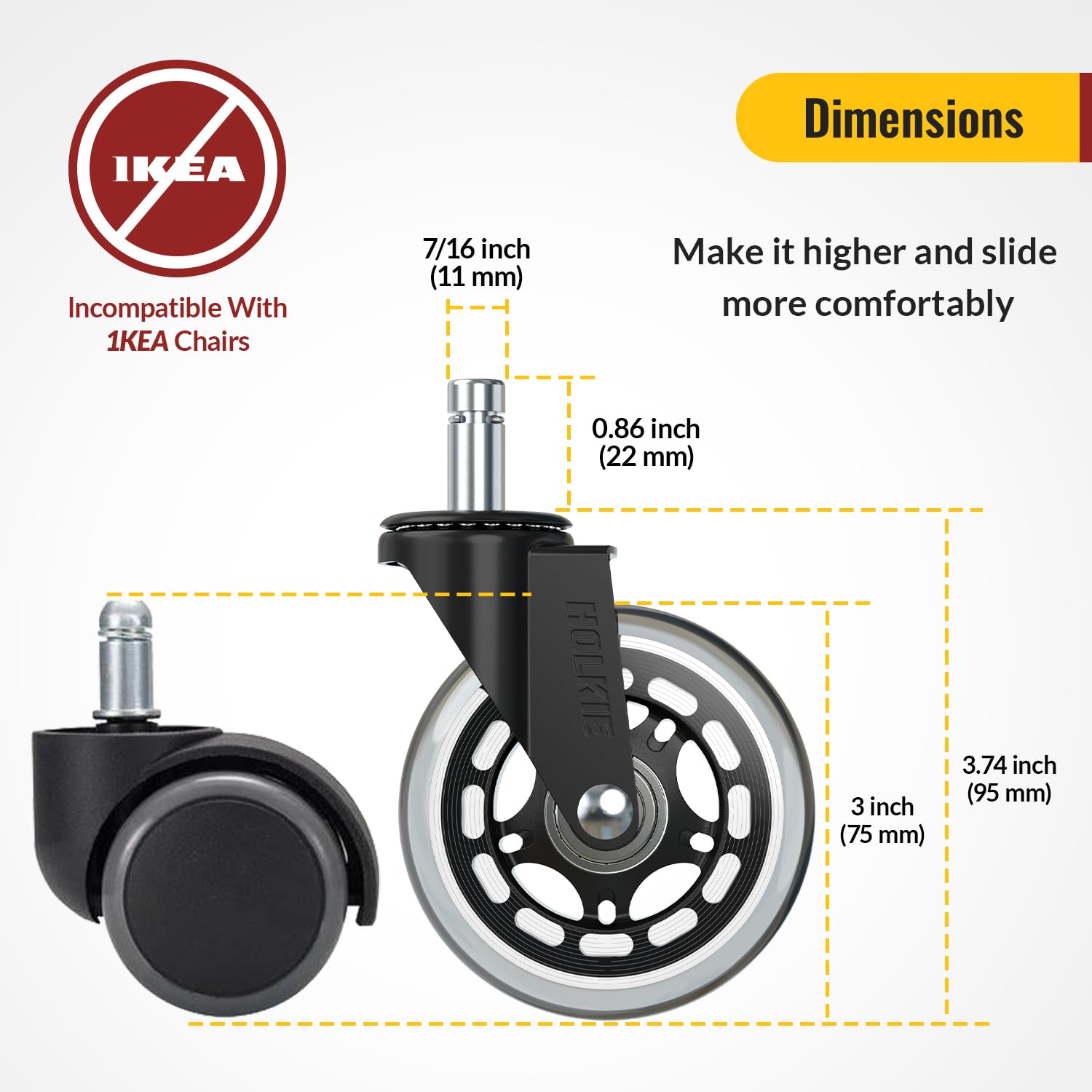 Thumbnail 1 de HOLKIE Office Chair Wheels (11mm x 22mm) – replacement caster wheels for hard floors, set of 5