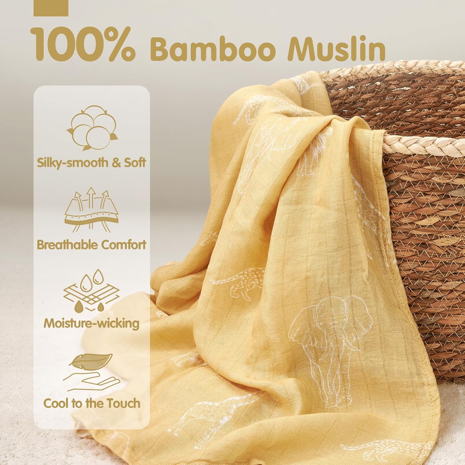 Thumbnail 1 de hahaland 100% Bamboo Muslin Swaddle Blankets 3 Pack (1 Large 120x120cm + 2 Standard 100x100cm) – Ultra Soft, Breathable Baby Cloths (Gold)