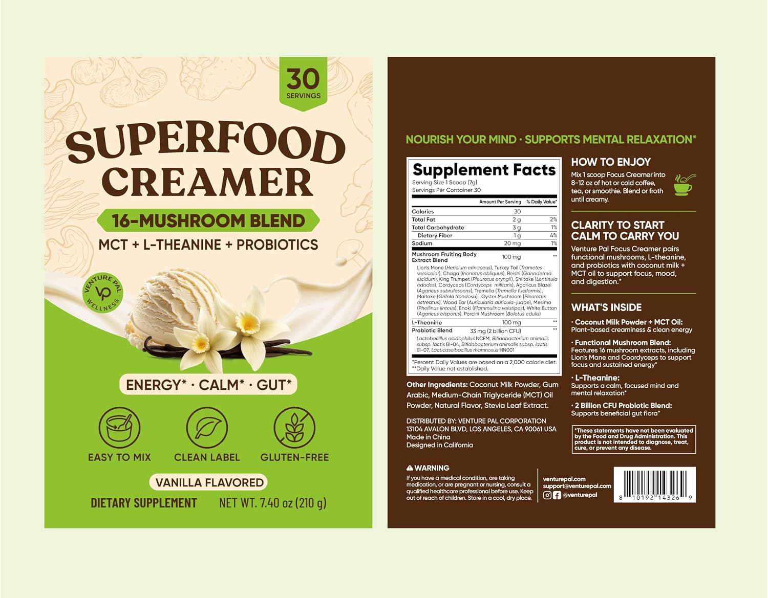 Detalle de Venture Pal Superfood Probiotic Coffee Creamer, Vanilla, 16 Mushrooms & MCT