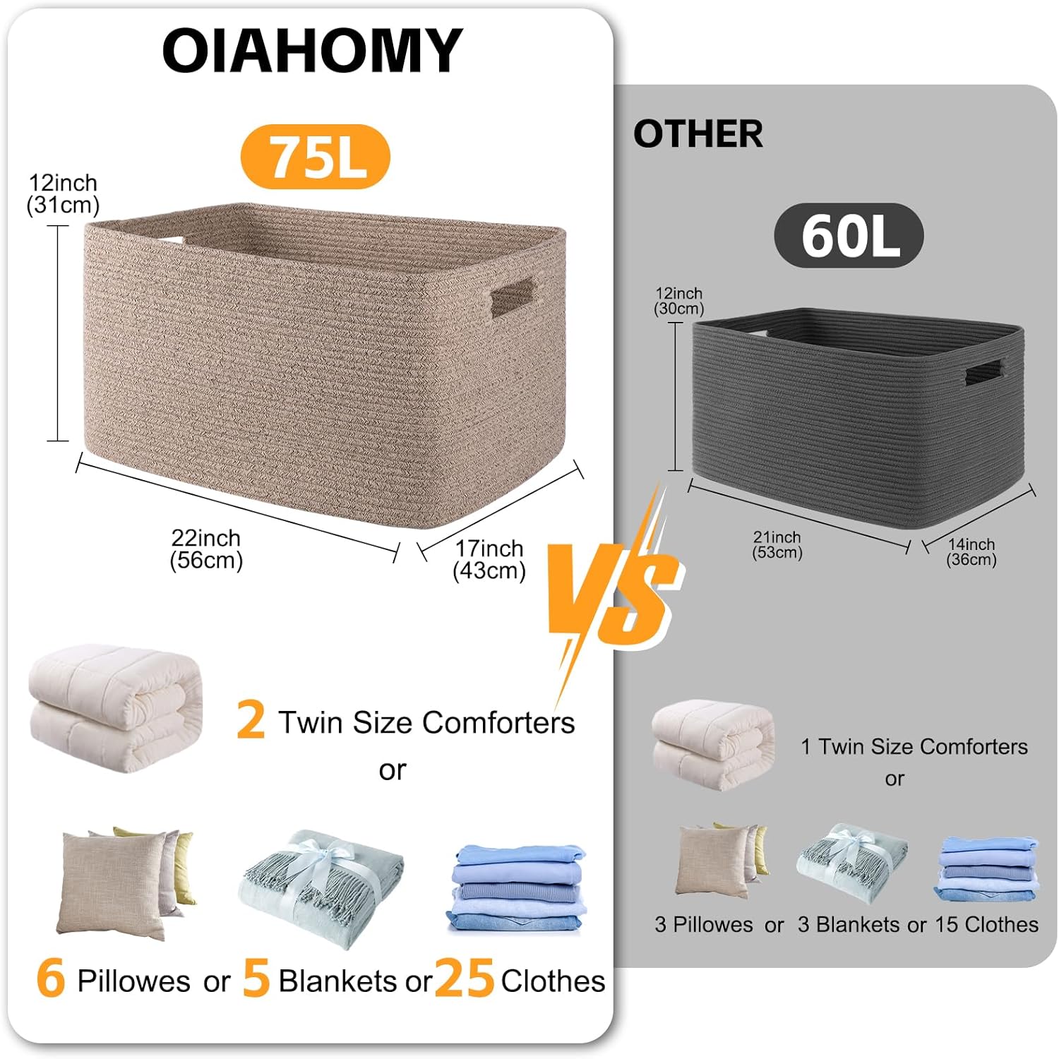 Thumbnail 2 de OIAHOMY 75L Large Woven Cotton Rope Storage Basket (22”x17”x12”) with Handle for Blankets, Toys & More